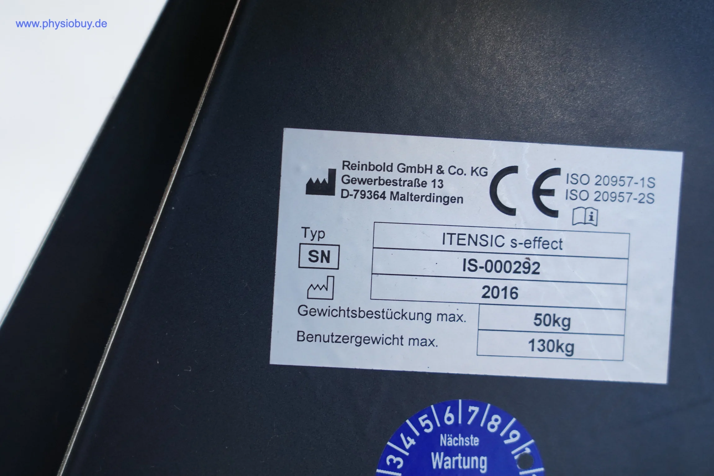Typenschild des Itensic s-effect von Reinbold mit Seriennummer und Gewichtsangaben