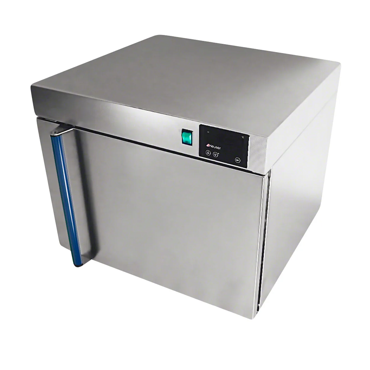 Edelstahl-Wärmeschrank Heuser mit geschlossener Tür und blauem Griff