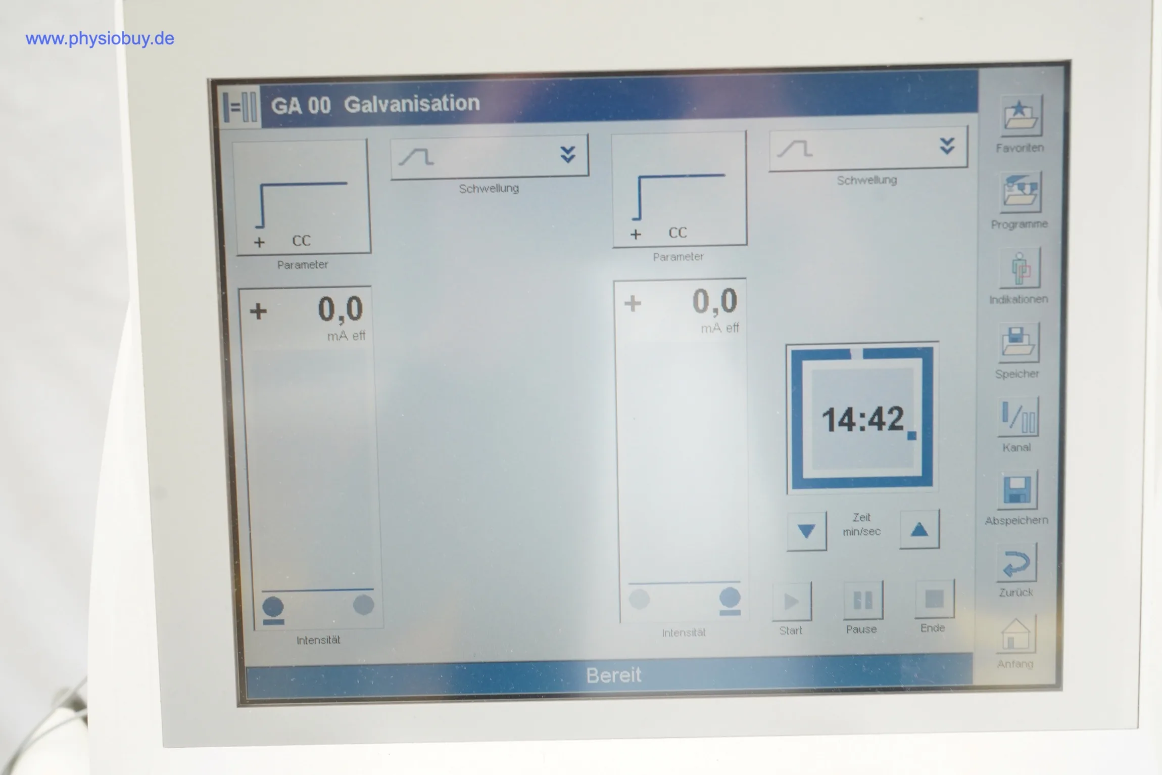 Touchscreen des Zimmer PhySys mit Galvanisation-Programm