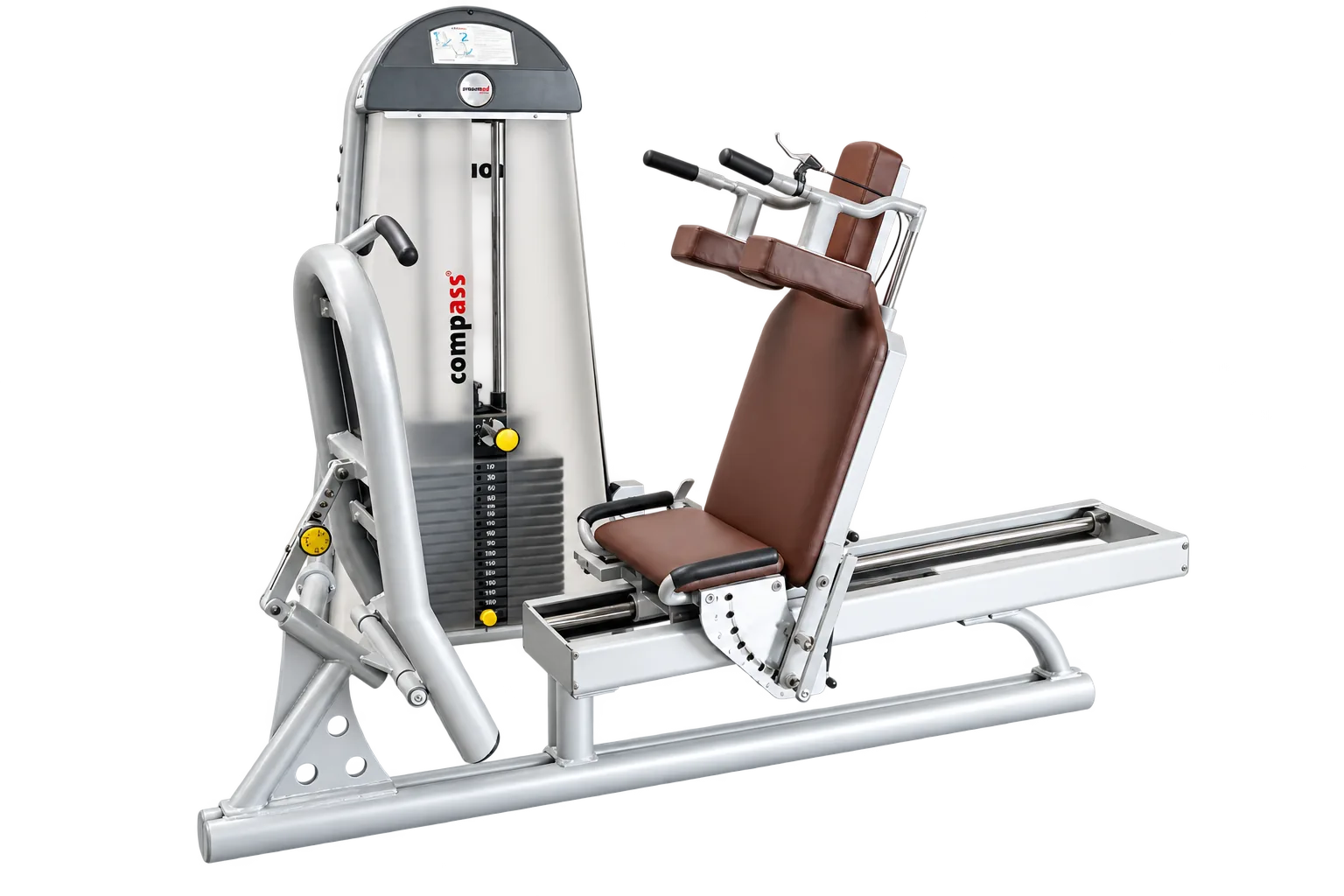 Proxomed Compass 530 KGG-Satz, Beinpresse mit braunem Polster und Gewichtsblock in seitlicher Schrägansicht
