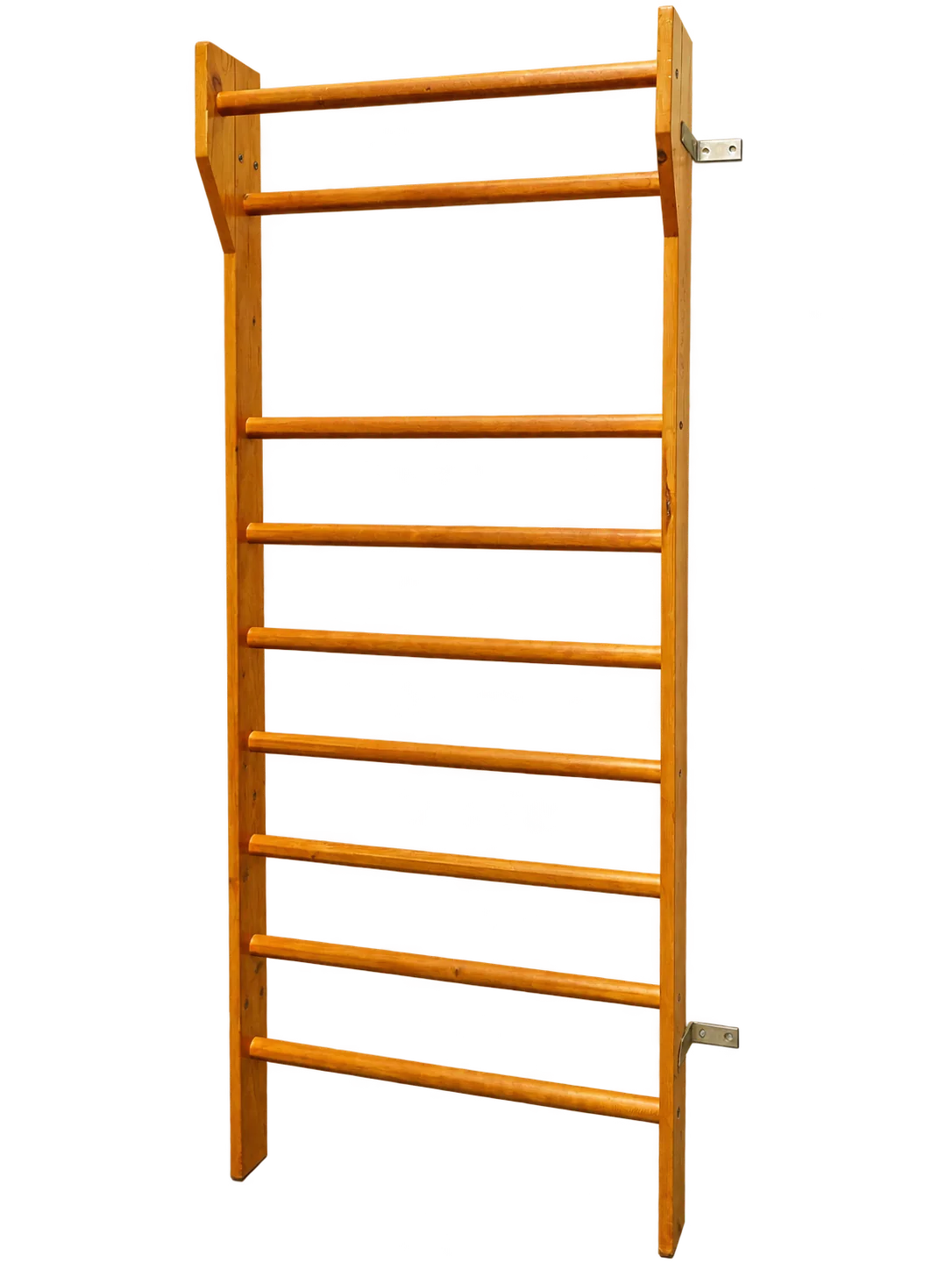 Holzsprossenwand 80 x 210 cm in Gesamtansicht von vorn, mit neun Sprossen und Wandhalterungen aus Metall
