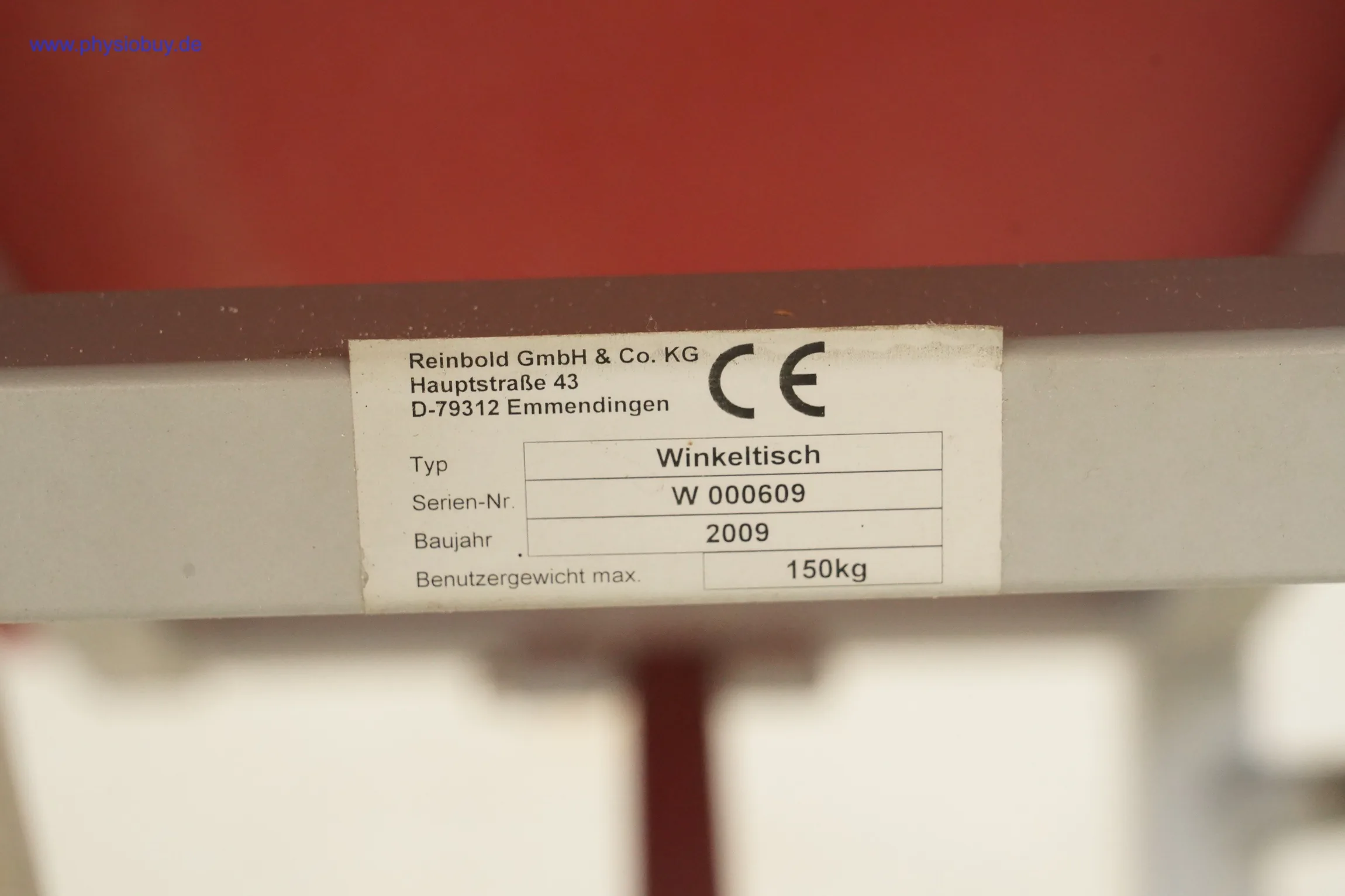 Typenschild „Winkeltisch von Reinbold mit Baujahr 2009"