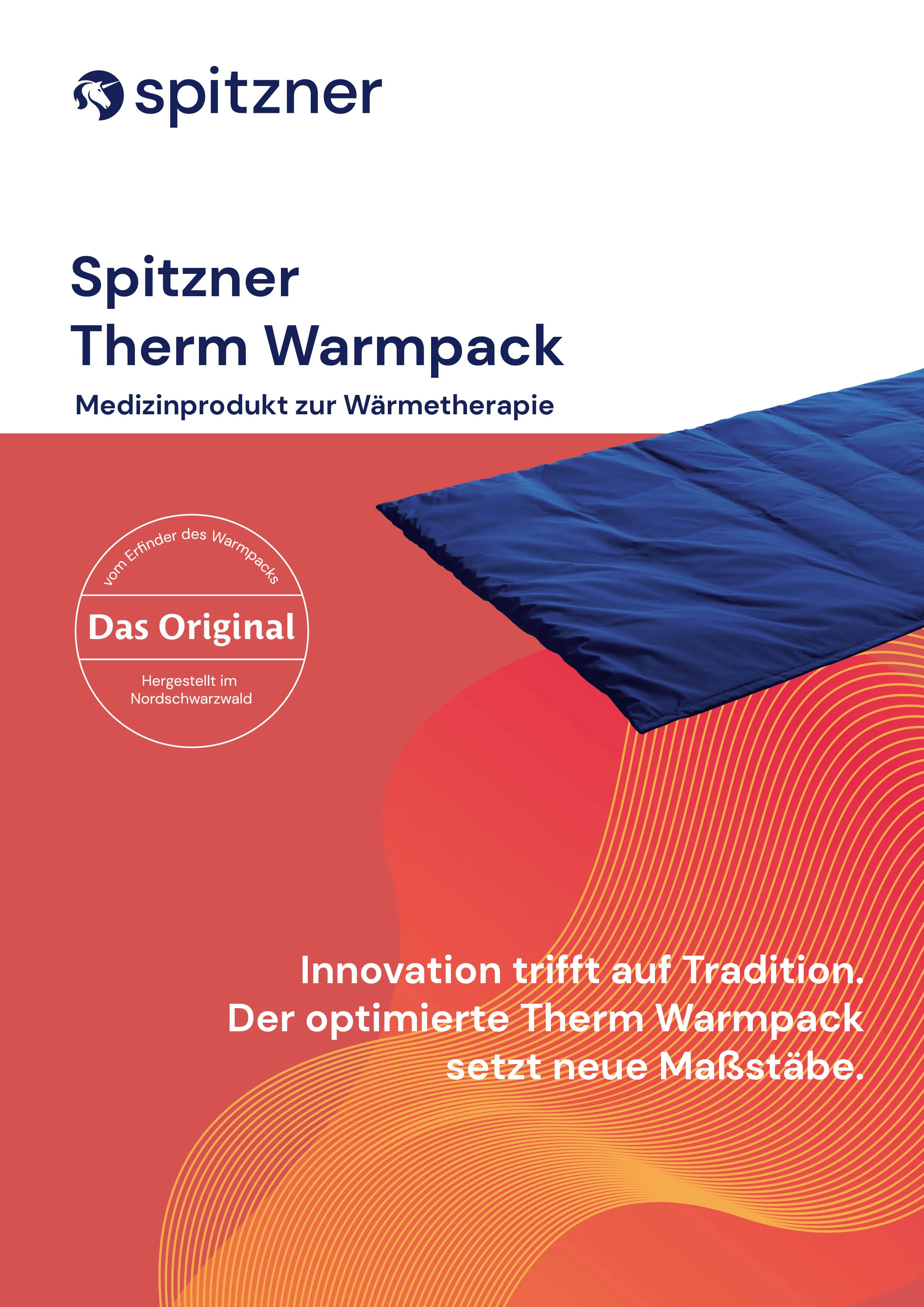 Titelseite der Spitzner-Broschüre „Therm Warmpack" mit blauem gefaltetem Wärmeträger