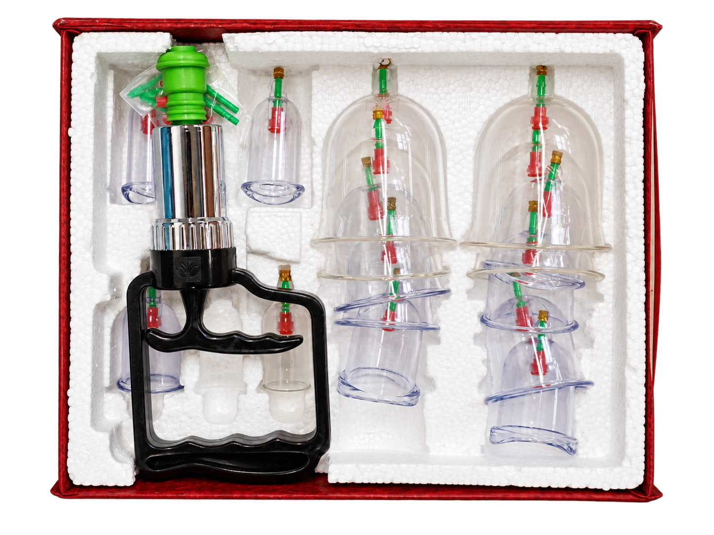 Schröpfglas-Set im Koffer mit Handpumpe und mehreren durchsichtigen Gläsern in Schaumstoffeinlage, Ansicht von oben