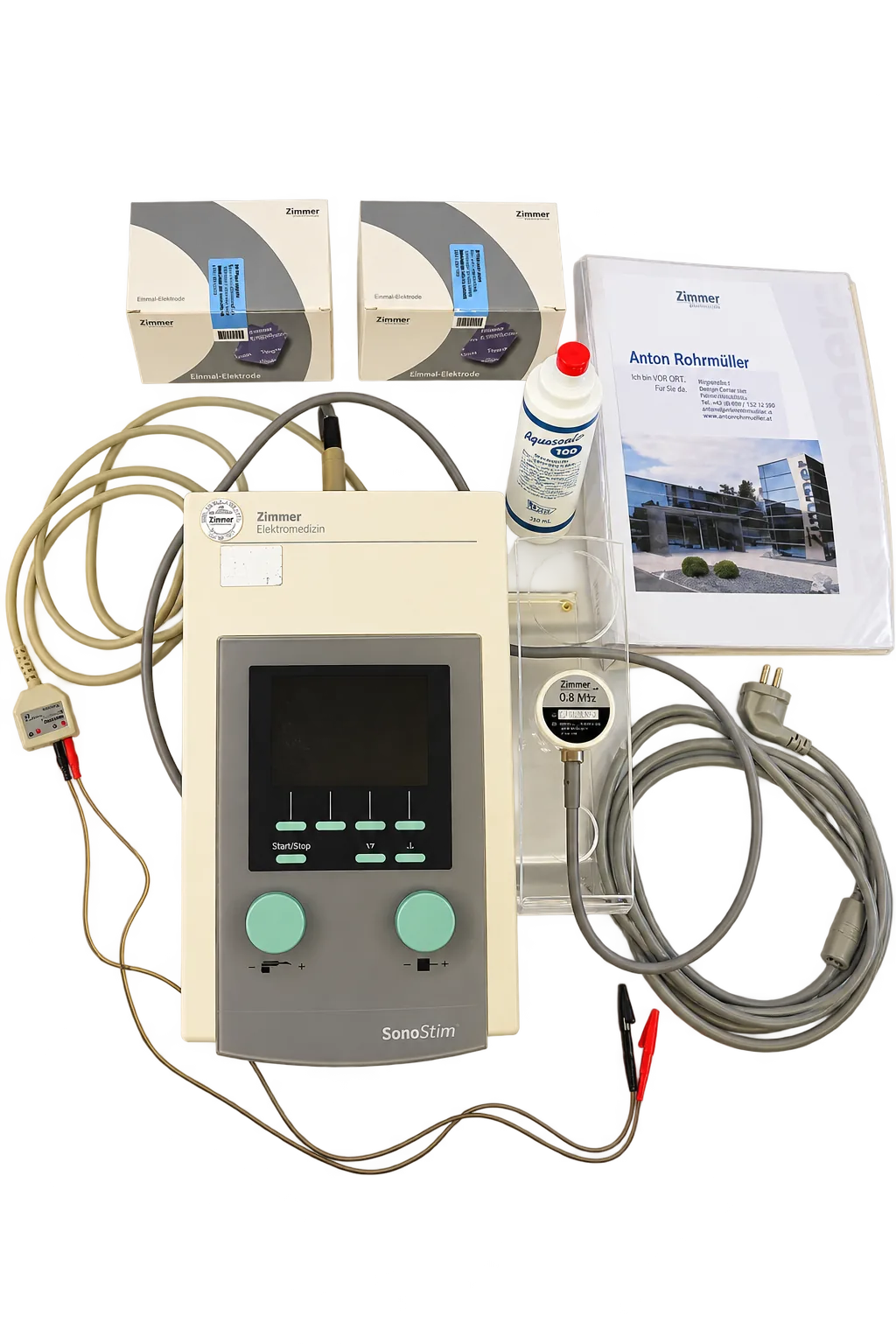 Zimmer SonoStim Elektro-/Ultraschallkombigerät mit Ultraschallkopf, Kabeln, Elektroden, Kontaktgel und Handbuch