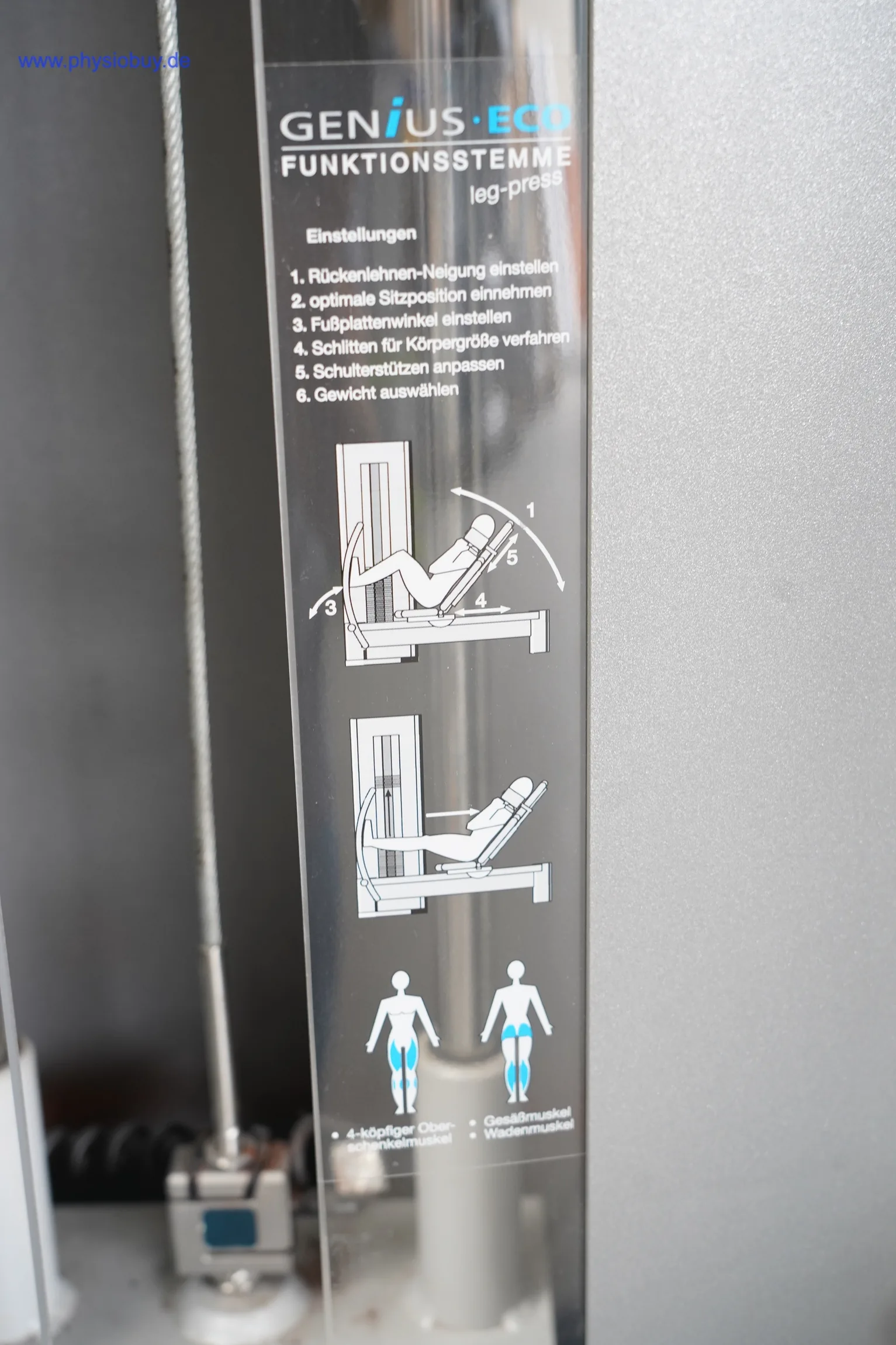 Genius ECO Funktionsstemme leg-press: Anleitungstafel mit Einstellschritten und Muskelgruppen neben Zugseil und Gewichtsblock
