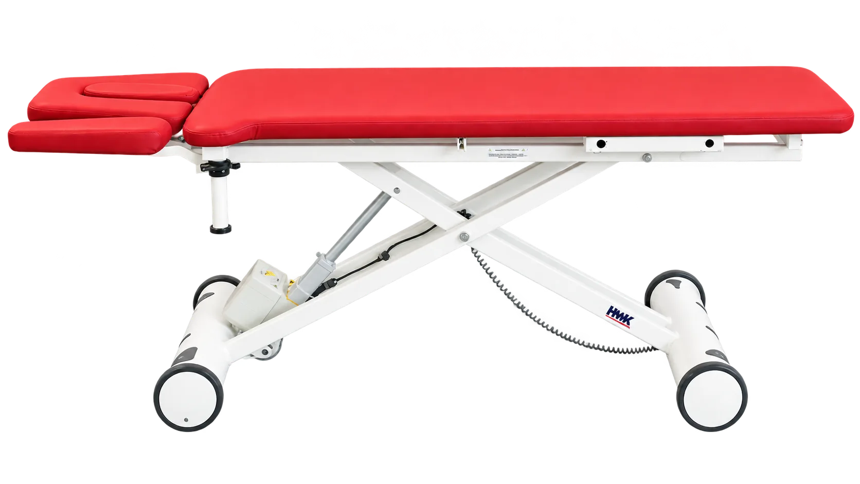 HWK Solid E4 Behandlungsliege mit rotem Polster und Rollen