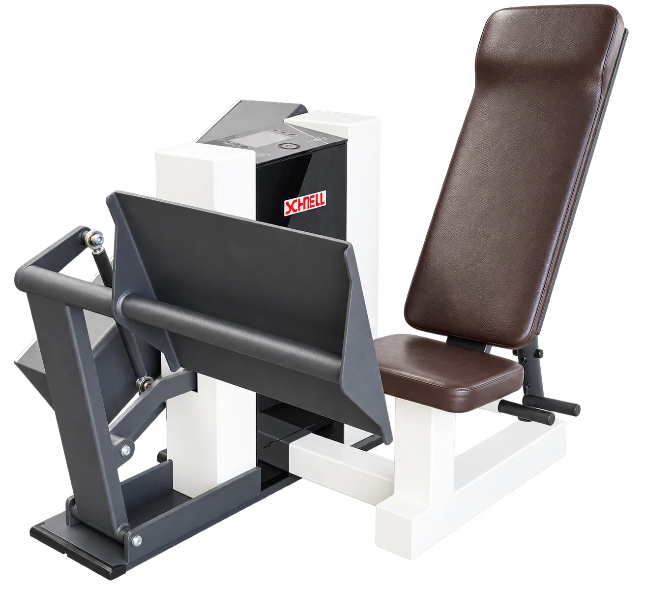 Beinpress-Maschine des Schnell Synchro Zirkels mit brauner Sitzpolsterung, Studioaufnahme
