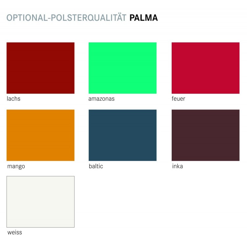 Farbmusterkarte der Polsterqualität Palma mit sieben Farben: Lachs, Amazonas, Feuer, Mango, Baltic, Inka, Weiß