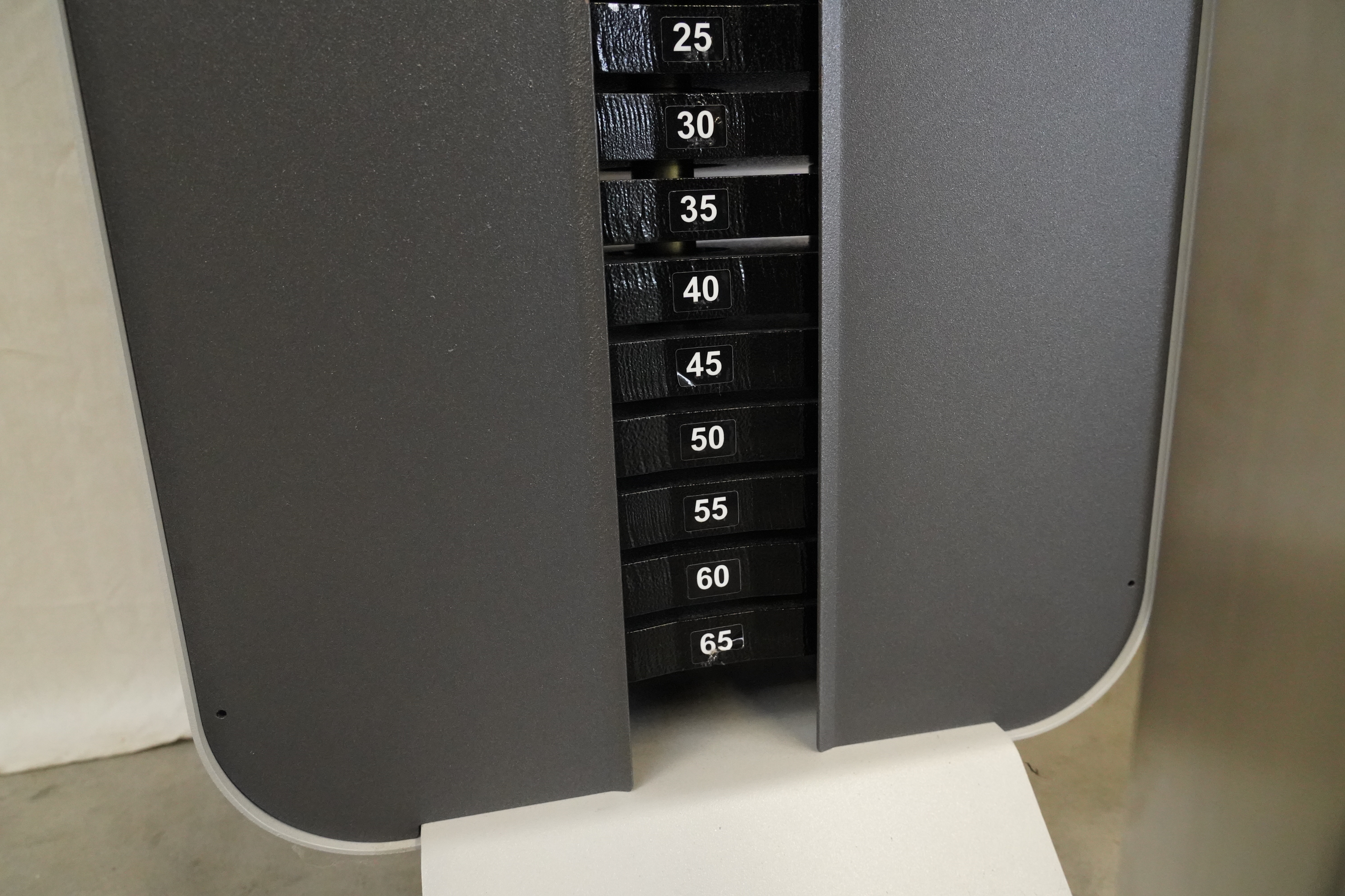 SVG RehaLine 2.0 KG-Gerätesatz: Gewichtsblock mit nummerierten Platten von 25 bis 65 zwischen zwei grauen Verkleidungen
