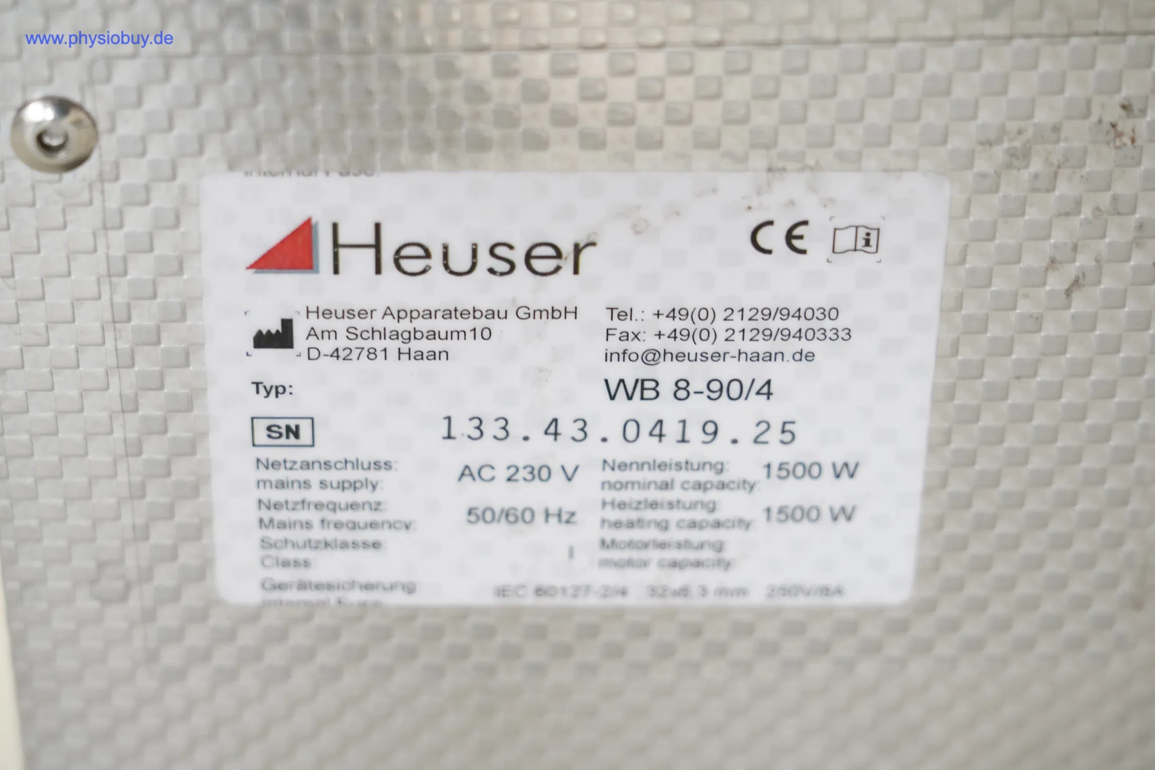 Wärmeträger-Aufbereiter Heuser WB 8-90/4, Typenschild mit technischen Daten