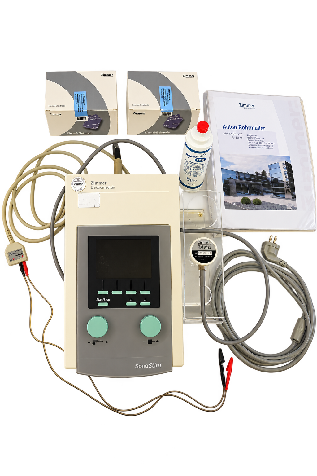 Zimmer SonoStim Elektro-/Ultraschallkombigerät mit Ultraschallkopf, Kabeln, Elektroden, Kontaktgel und Handbuch