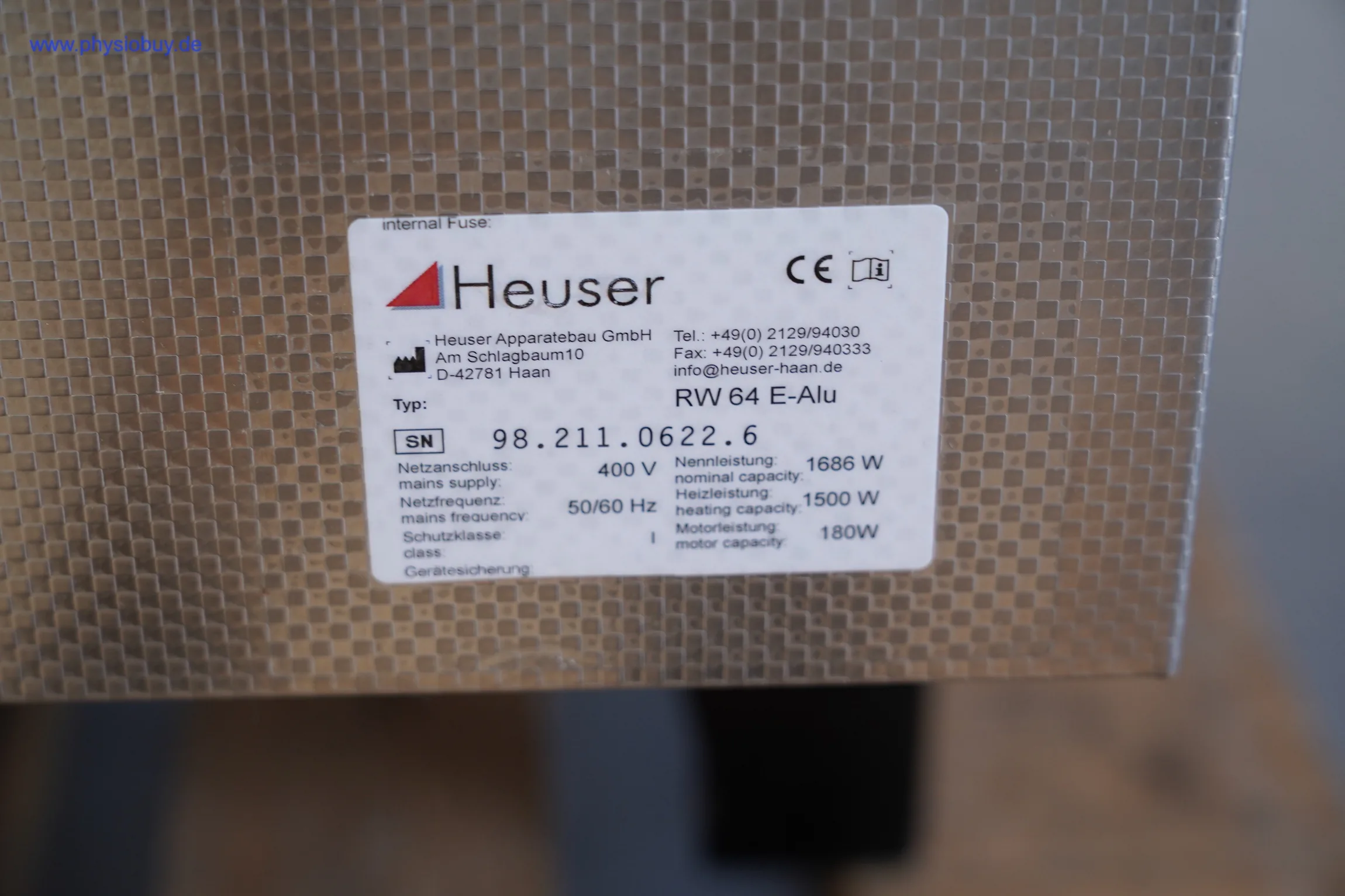Typenschild der Heuser Fangoanlage RW 64 E-Alu mit technischen Daten