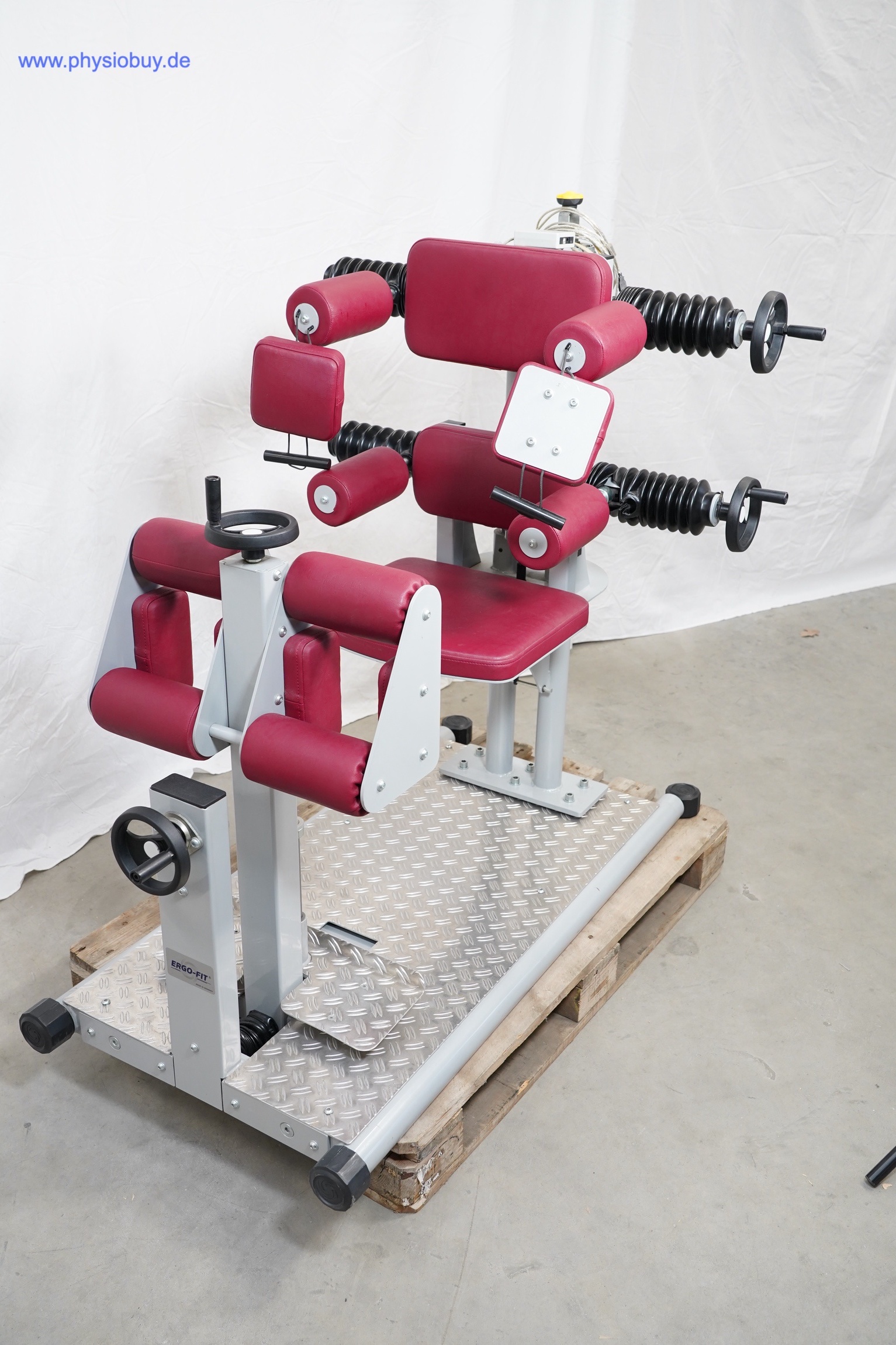 Ergo-Fit Torso Check MED mit roten Polstern und angebrachten Gewichtsscheiben, andere Ansicht