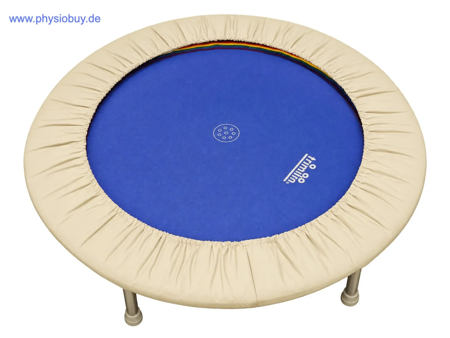 Trimilin Trampolin von schräg oben mit blauer Sprungmatte, beigem Rahmenpolster und sichtbaren Metallbeinen