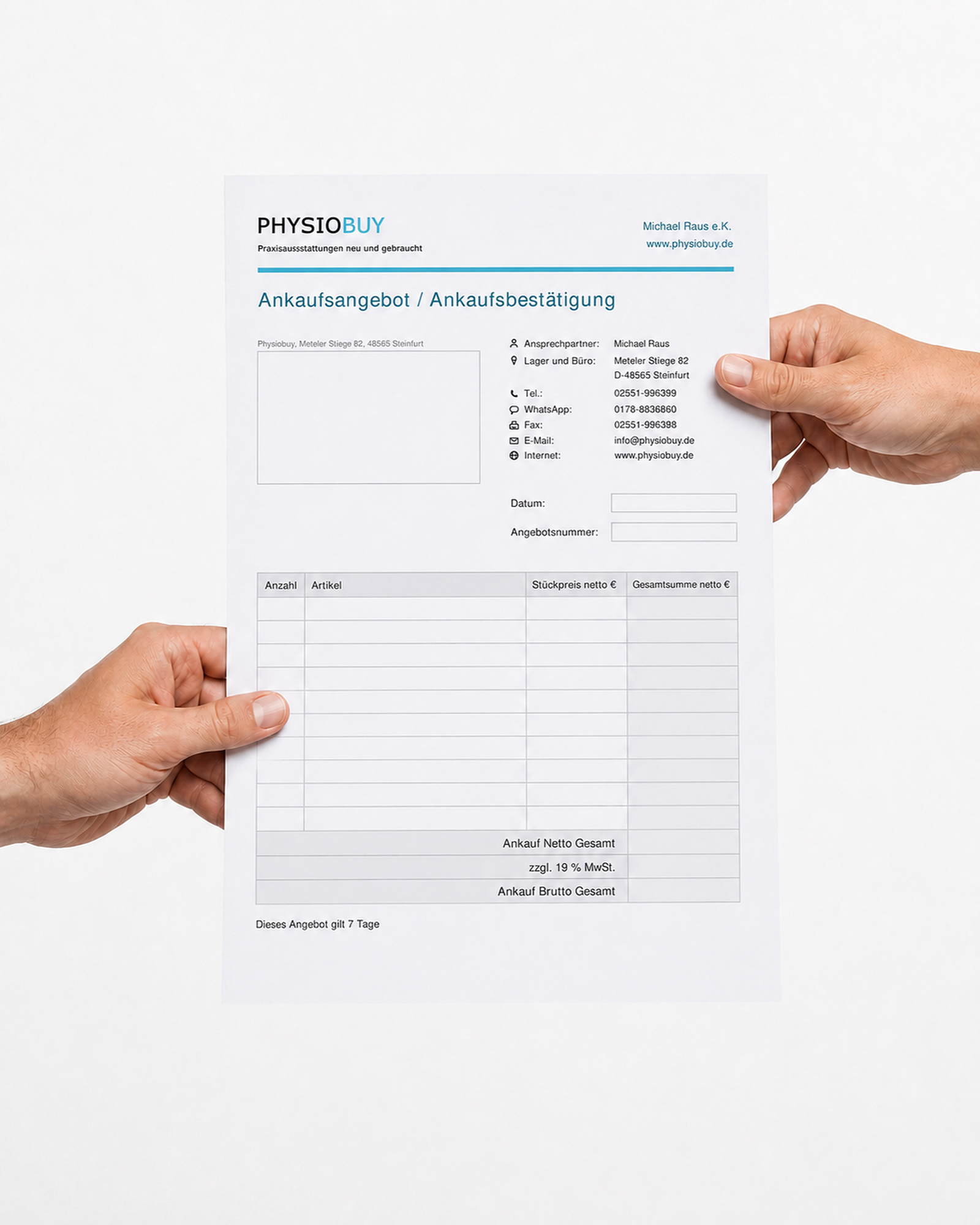 Übergabe eines Ankaufsangebots für gebrauchte Praxisgeräte