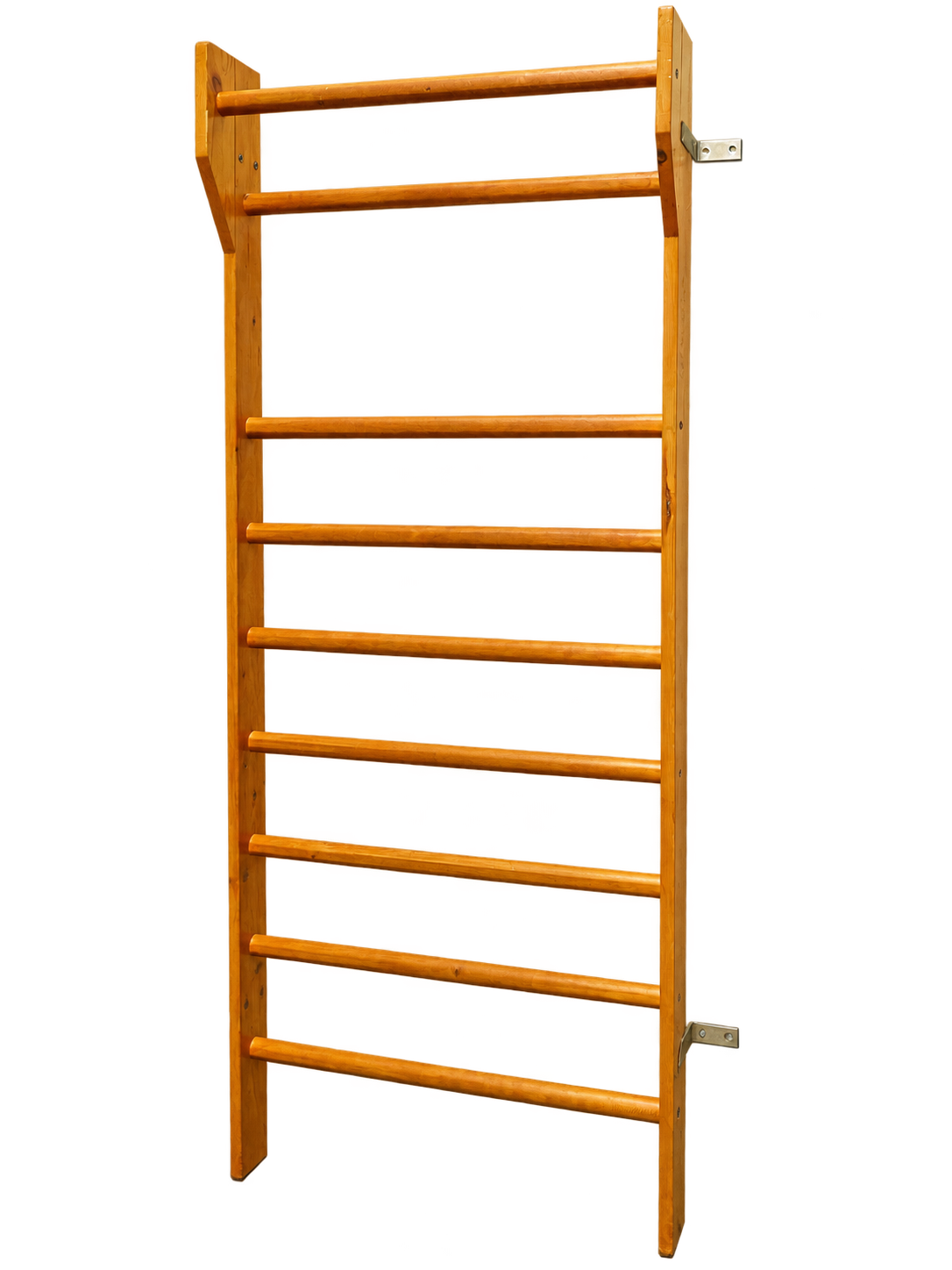 Holzsprossenwand 80 x 210 cm in Gesamtansicht von vorn, mit neun Sprossen und Wandhalterungen aus Metall