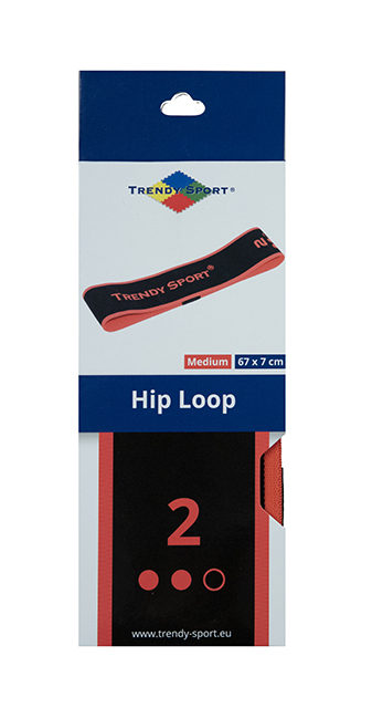 Verpackung des Trendy Hip Loop in der Größe Medium, schwarz-rotes Band abgebildet