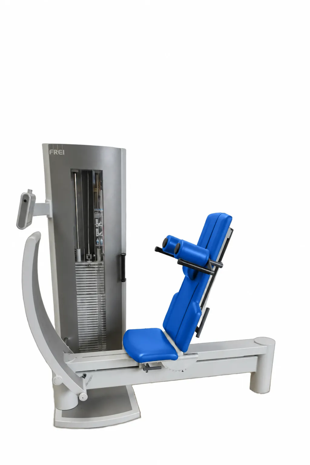 FREI Genius ECO Beinpresse mit blauer Sitzfläche und Rückenlehne, Gewichtsblock und Schriftzug FREI, seitliche Gesamtansicht