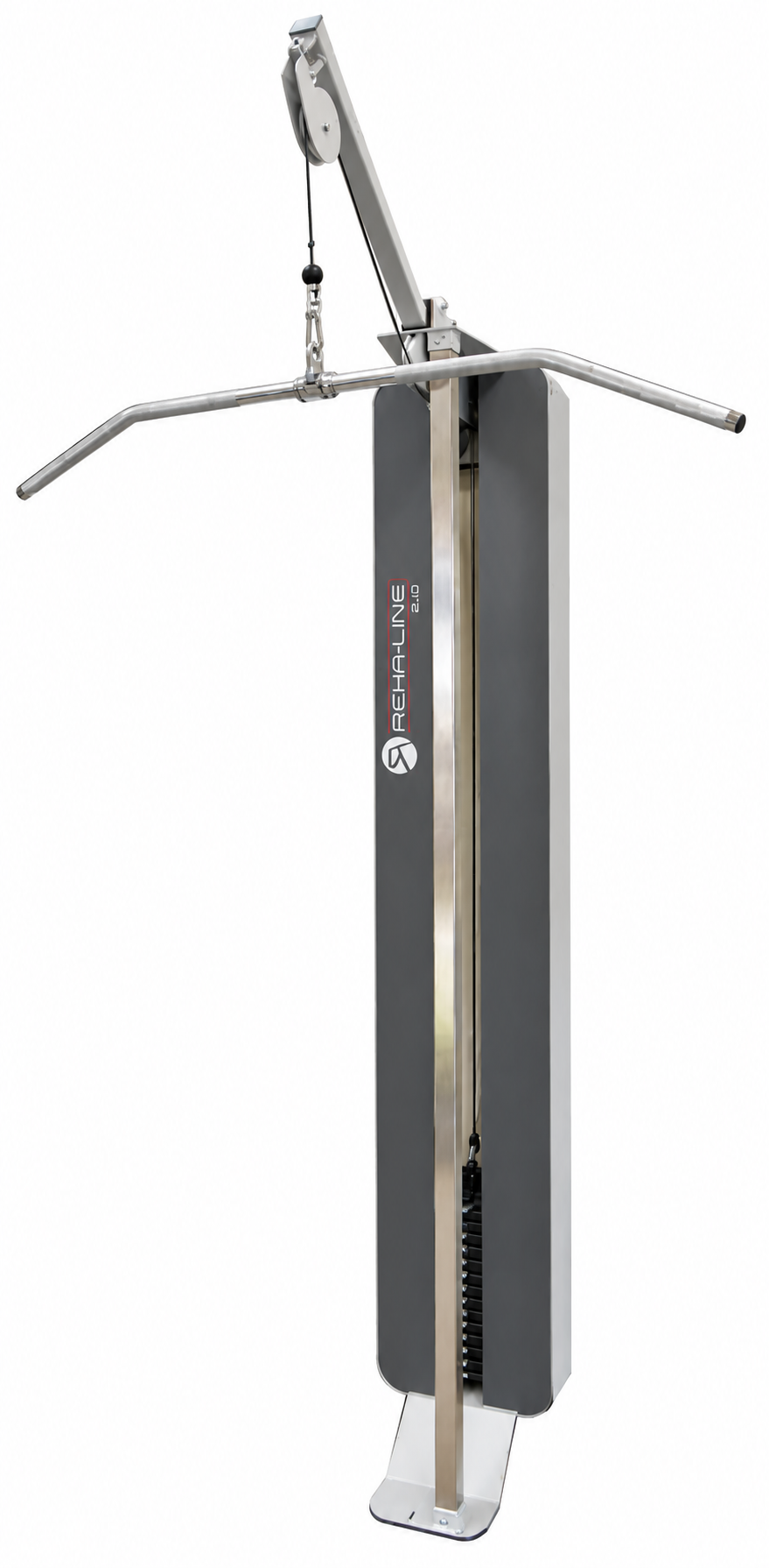 SVG RehaLine 2.0 KG-Gerätesatz: Seilzug-Turm mit grauer Verkleidung, Umlenkrolle, Zugstange und Gewichtspaket, Gesamtansicht
