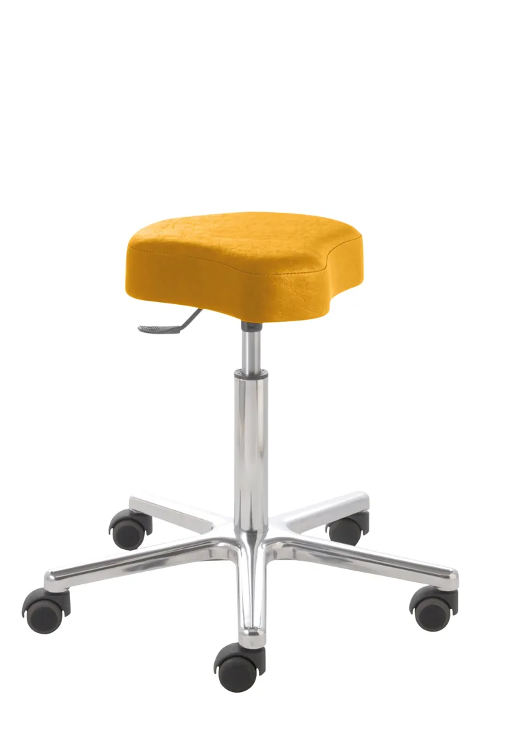 Sattelhocker mit Kippmechanismus in Orange, Aluminium-Fußkreuz mit Rollen