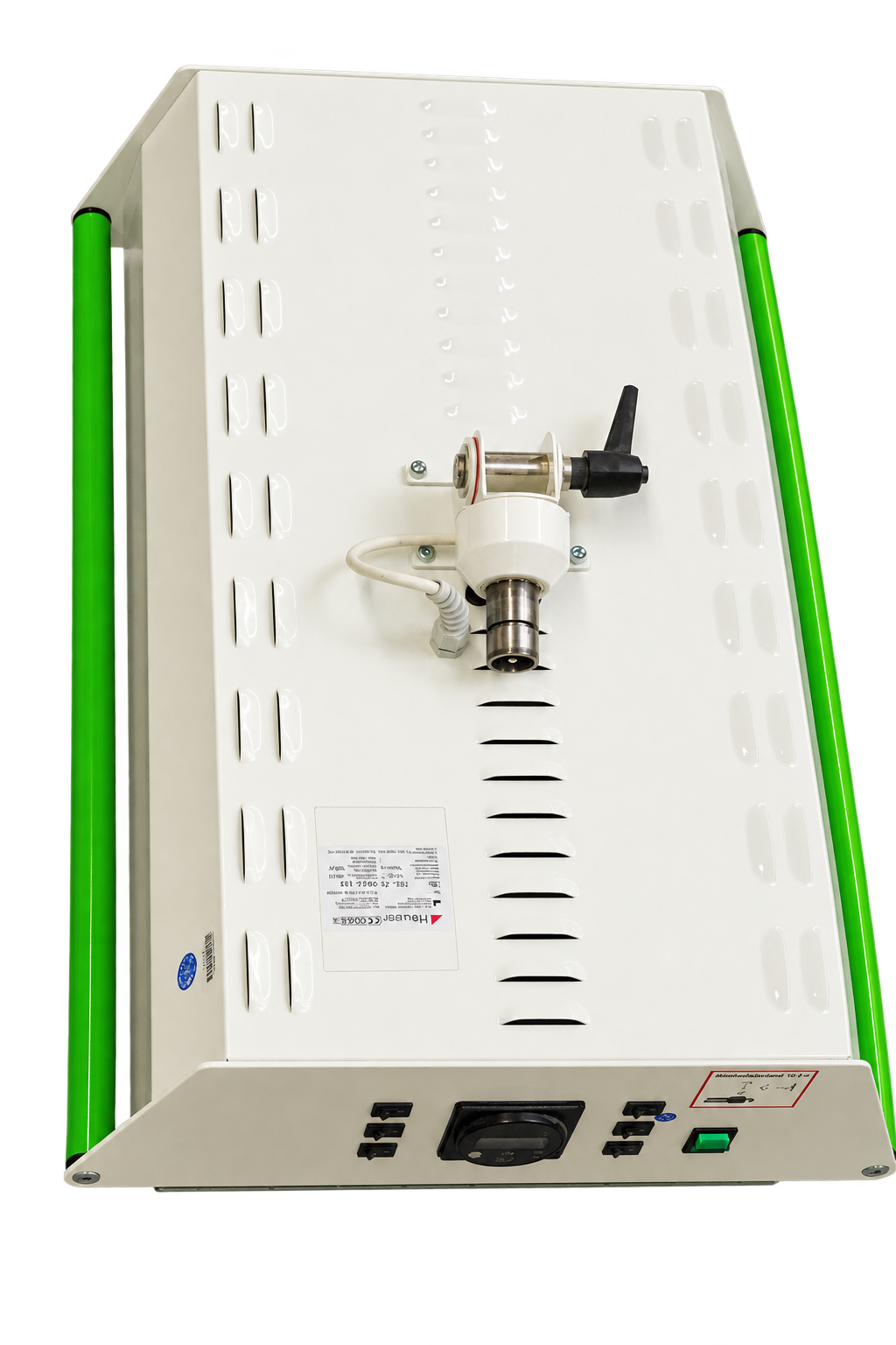 Heuser Rotlicht Strahlerkopf TGS 6.2 von oben mit Gelenkhalterung, Typenschild, Netzanschluss und grünen Haltegriffen