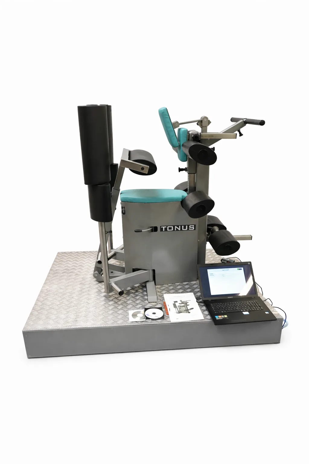 Easy Torque Rehabilitationsgerät mit Sitz, Griffen und angeschlossenem Laptop