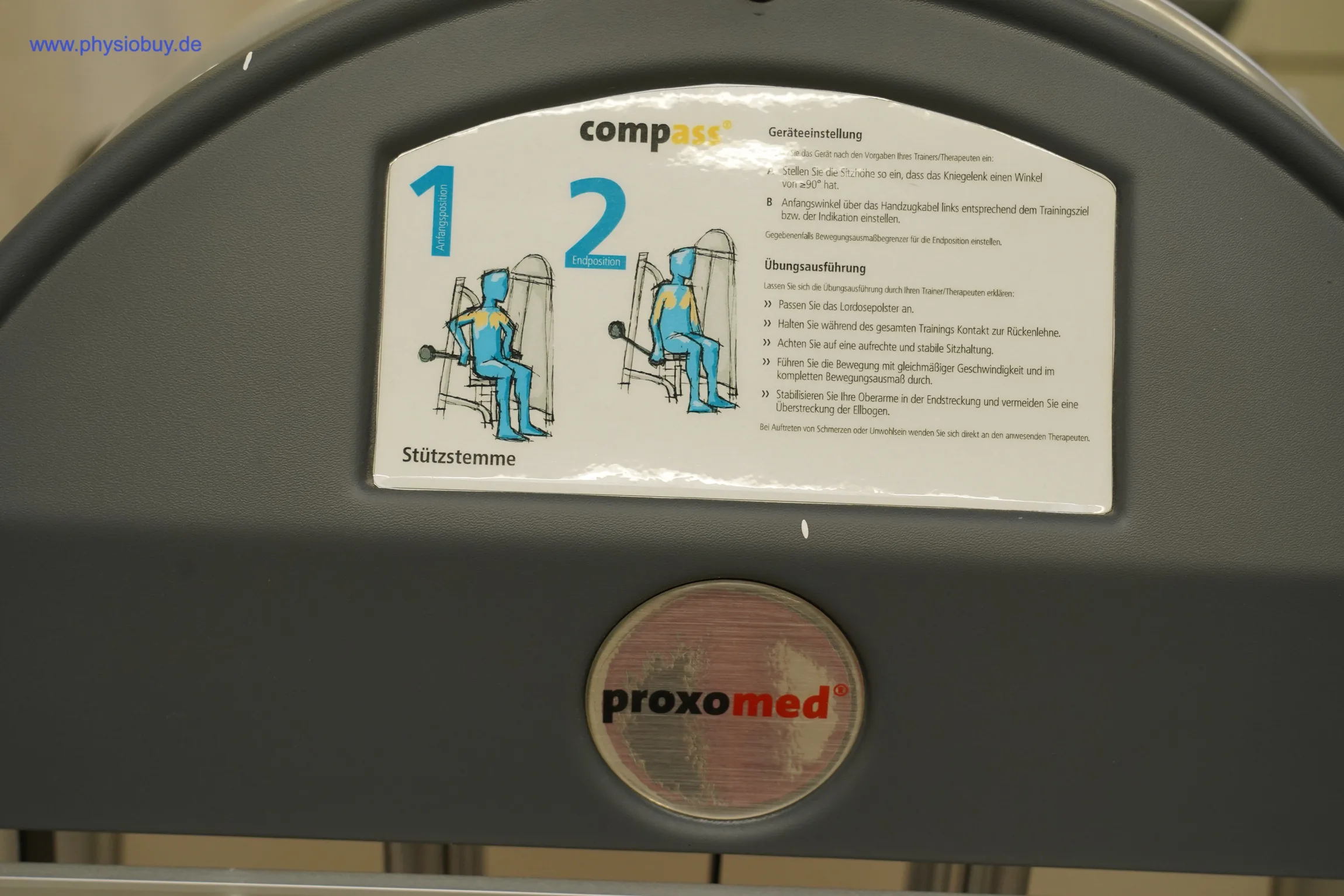 Proxomed compass 530 Stützstemme, Aufkleber mit Übungsanleitung und Proxomed-Logo