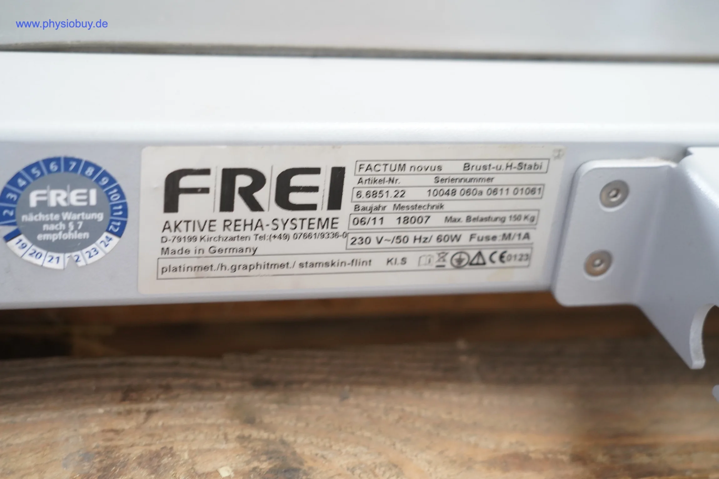 Typenschild „Factum novus - Brust- u. H-Stabi“ von FREI Aktive Reha-Systeme