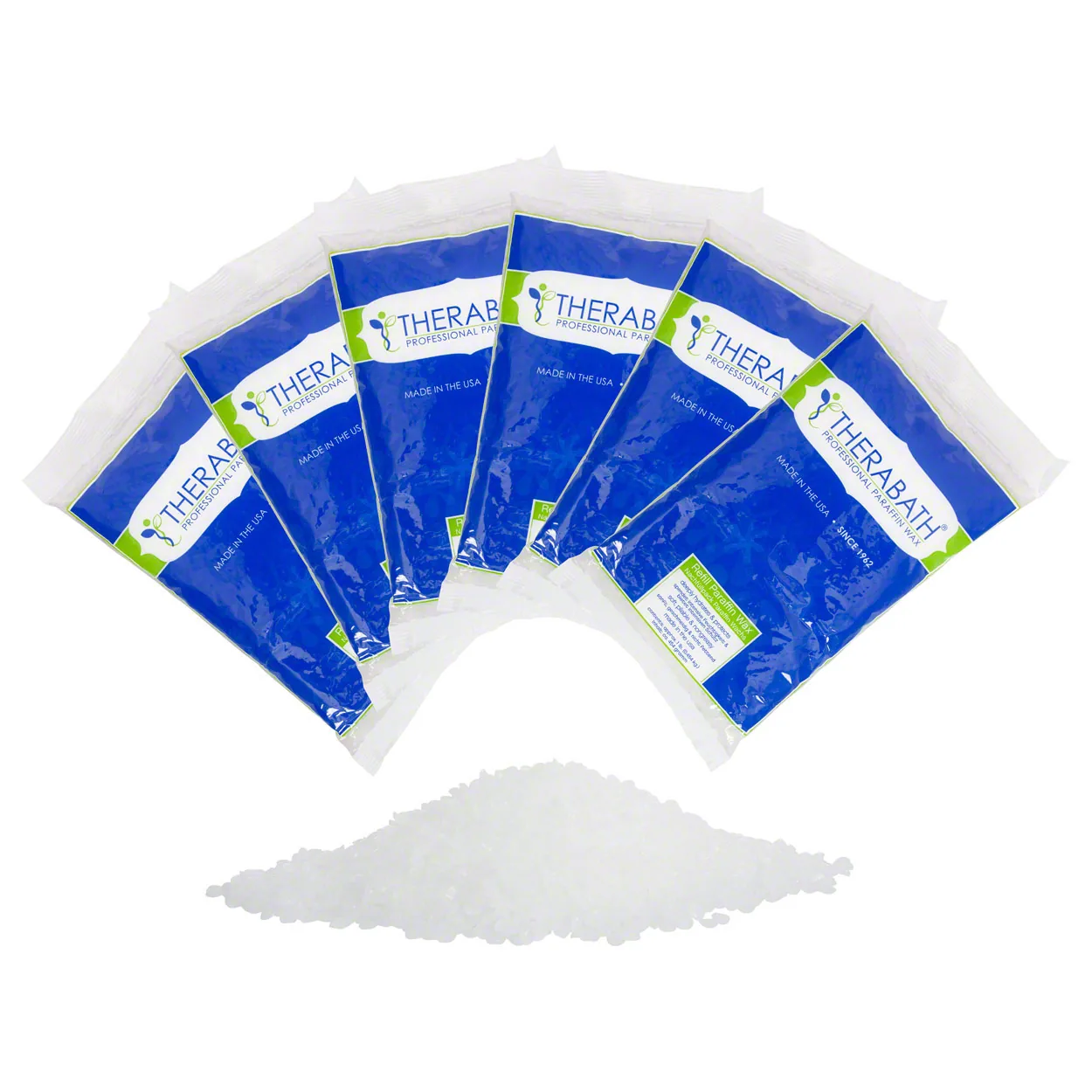 Sechs Beutel Therabath-PRO-Paraffin mit Paraffingranulat davor