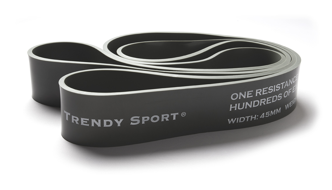 Zusammengelegtes schwarzes Trendy Rubber Band mit Aufdruck „Trendy Sport“, Nahaufnahme