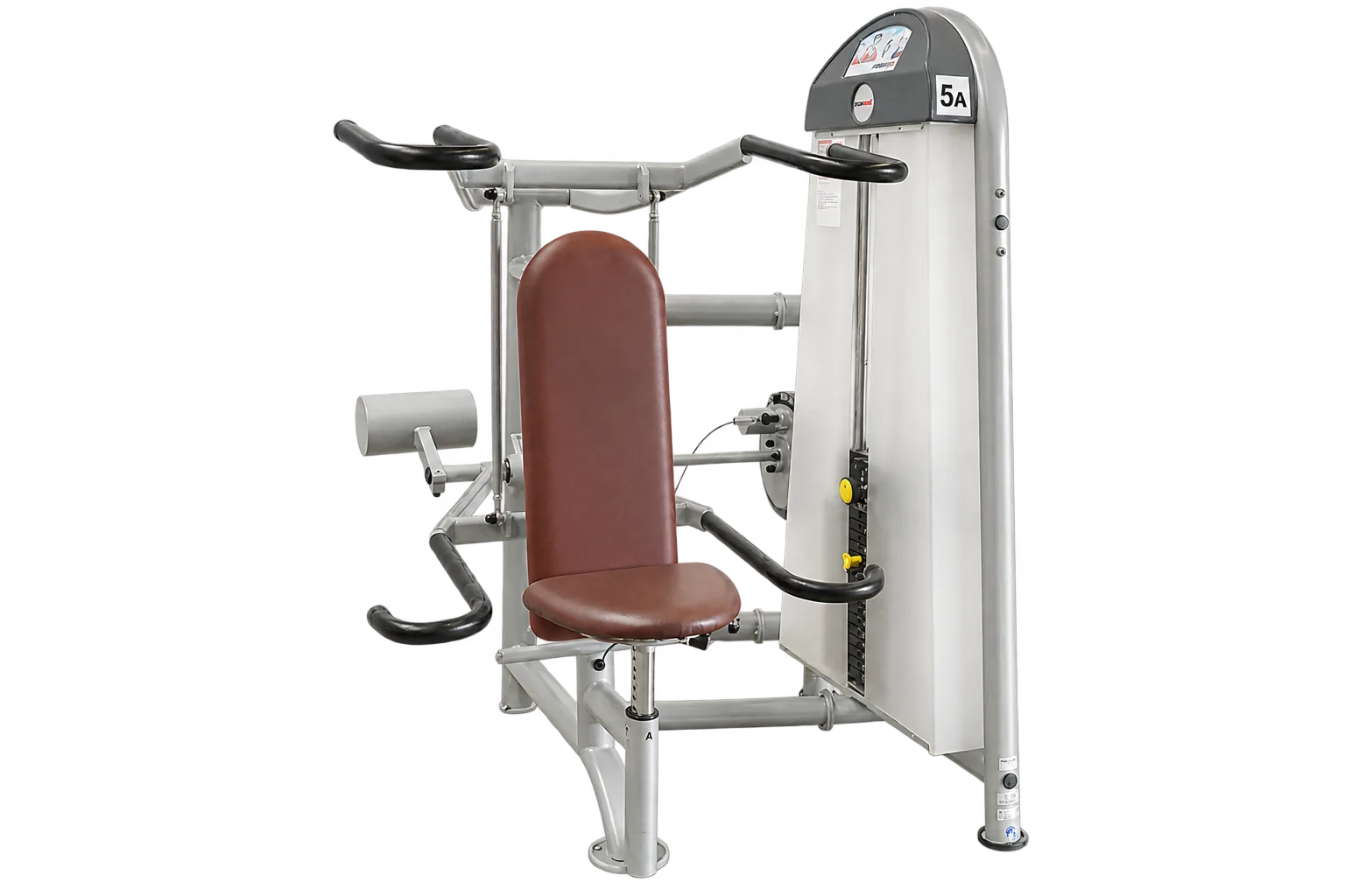 Proxomed Compass 530 KGG-Satz, Kraftgerät mit braunem Sitz und Gewichtsblock, schräg von vorn