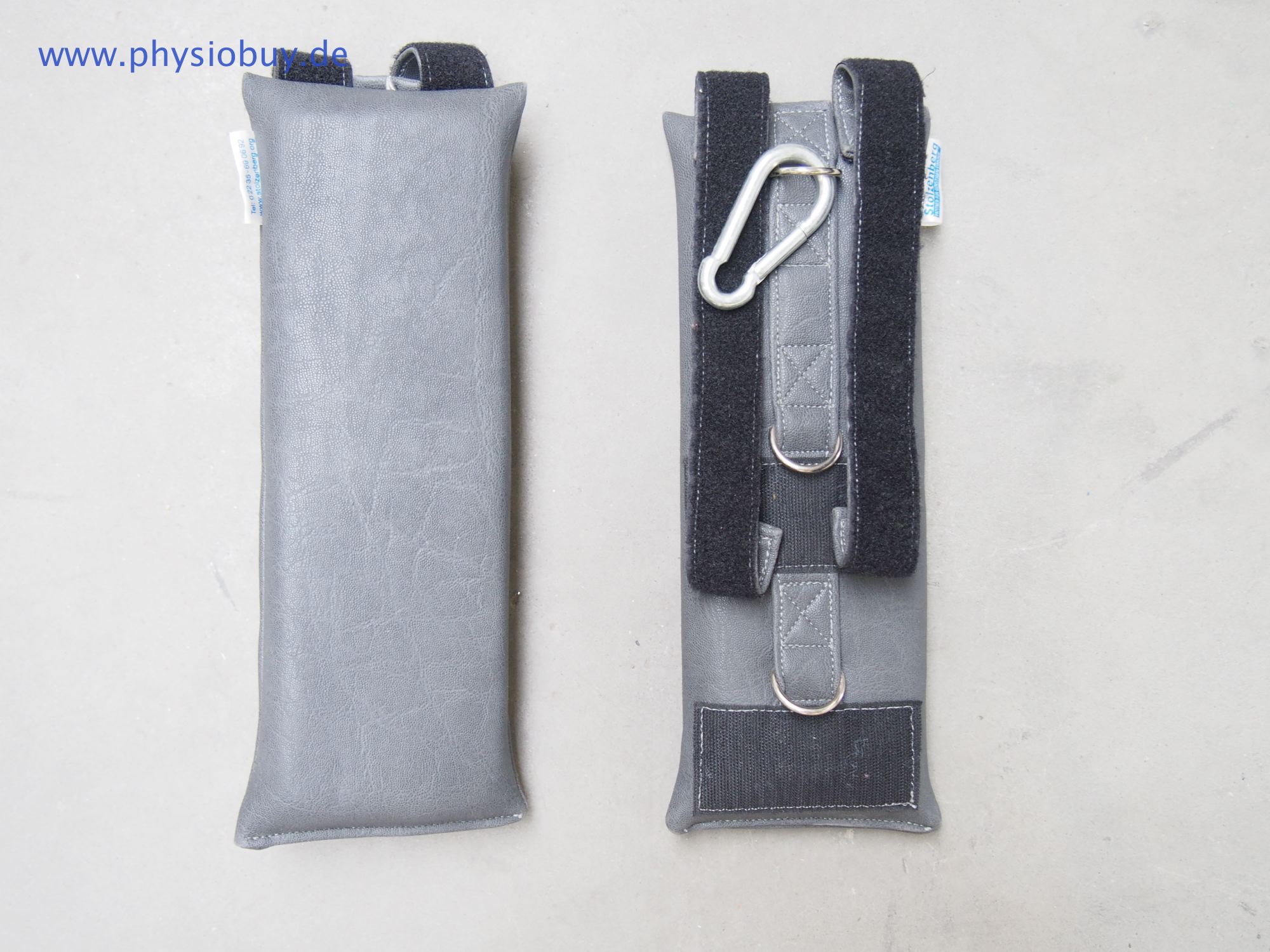Zwei gepolsterte Hand-/Fußschlaufen in Grau, eine mit Karabiner