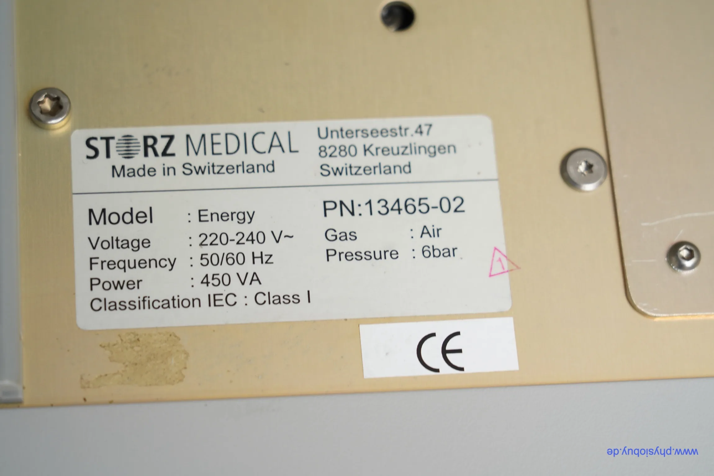 Typenschild eines weiteren Storz-Energy-Kompressors mit technischen Angaben