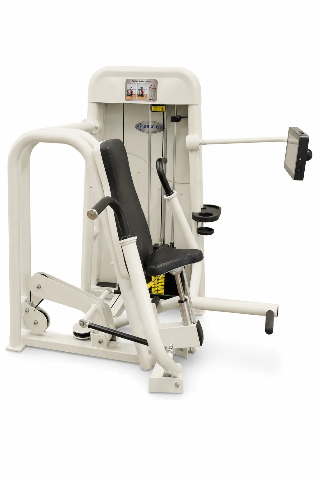 Ergo-Fit Brustpresse 4000 mit weißem Gestell, schwarzem Sitzpolster und Armhebeln, Seitenansicht