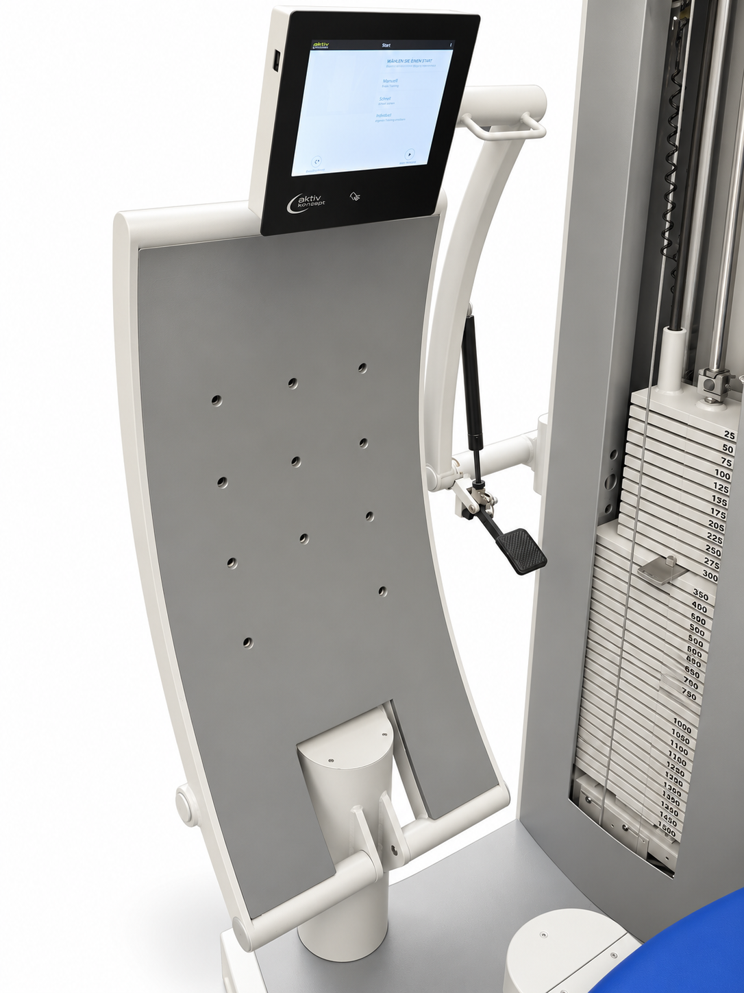 FREI Genius ECO Kraftgerät mit gebogener grauer Rückenplatte, Touch-Display oben und seitlichem Gewichtsblock mit Zahlenskala