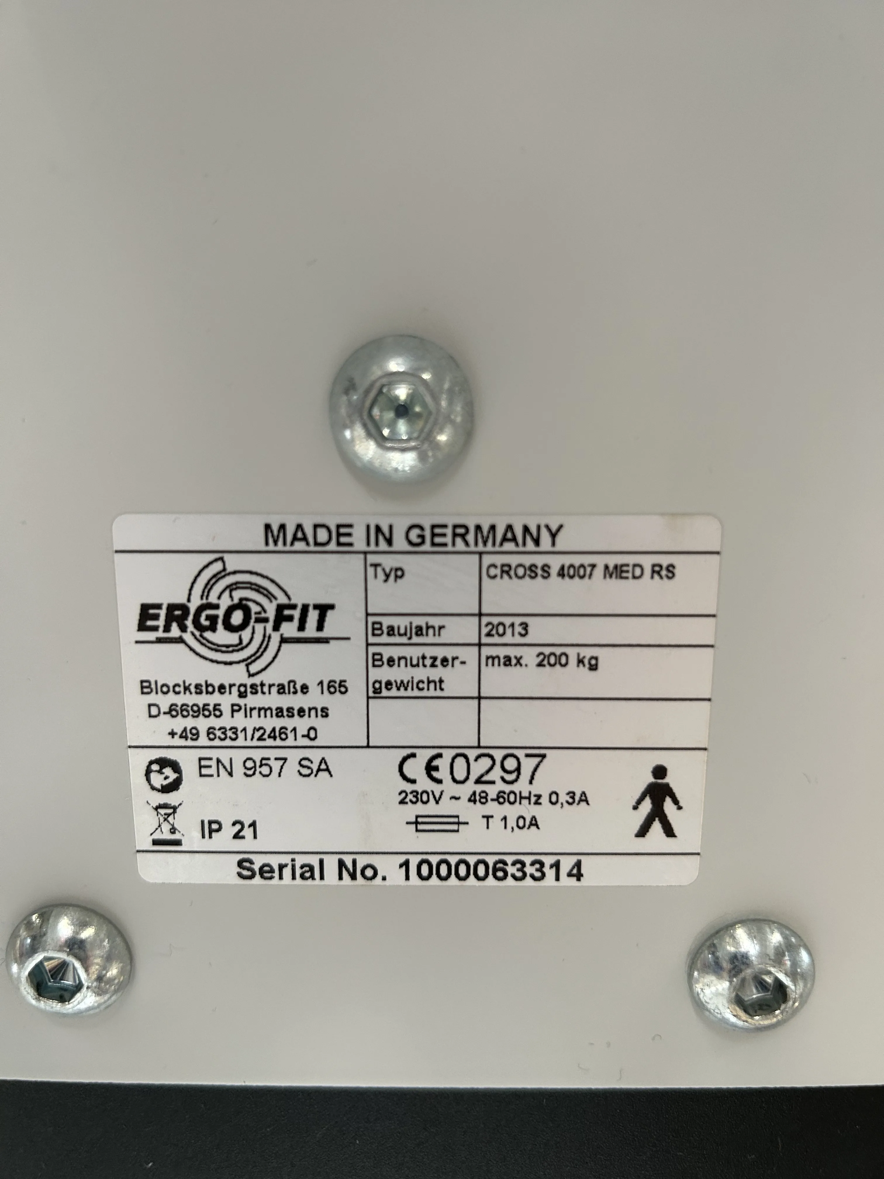 Typenschild Ergo-Fit Cross 4007 med RS, Nahaufnahme