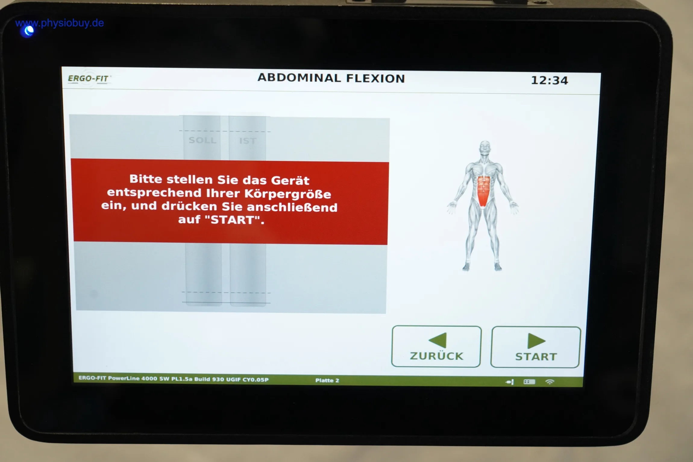 Touchscreen des Ergo-Fit 4000S mit Aufforderung, das Gerät einzustellen und Start zu drücken