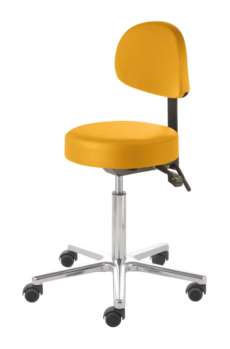 Arbeitshocker mit Rückenlehne in Orange, Aluminium-Fußkreuz mit Rollen