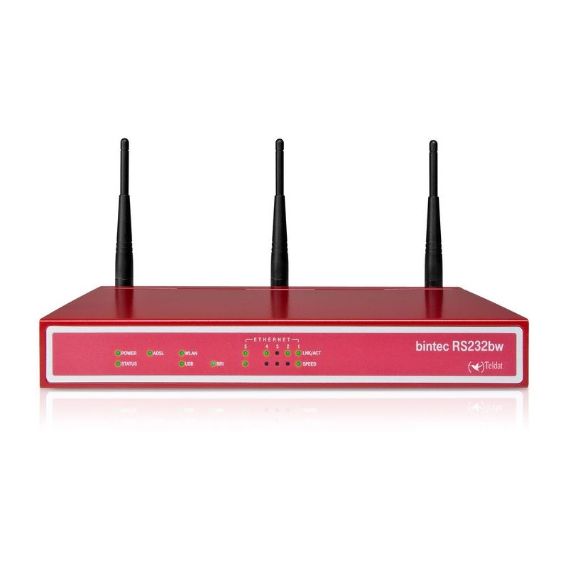 Bintec RS232bw Router in Rot mit drei Antennen, Frontansicht