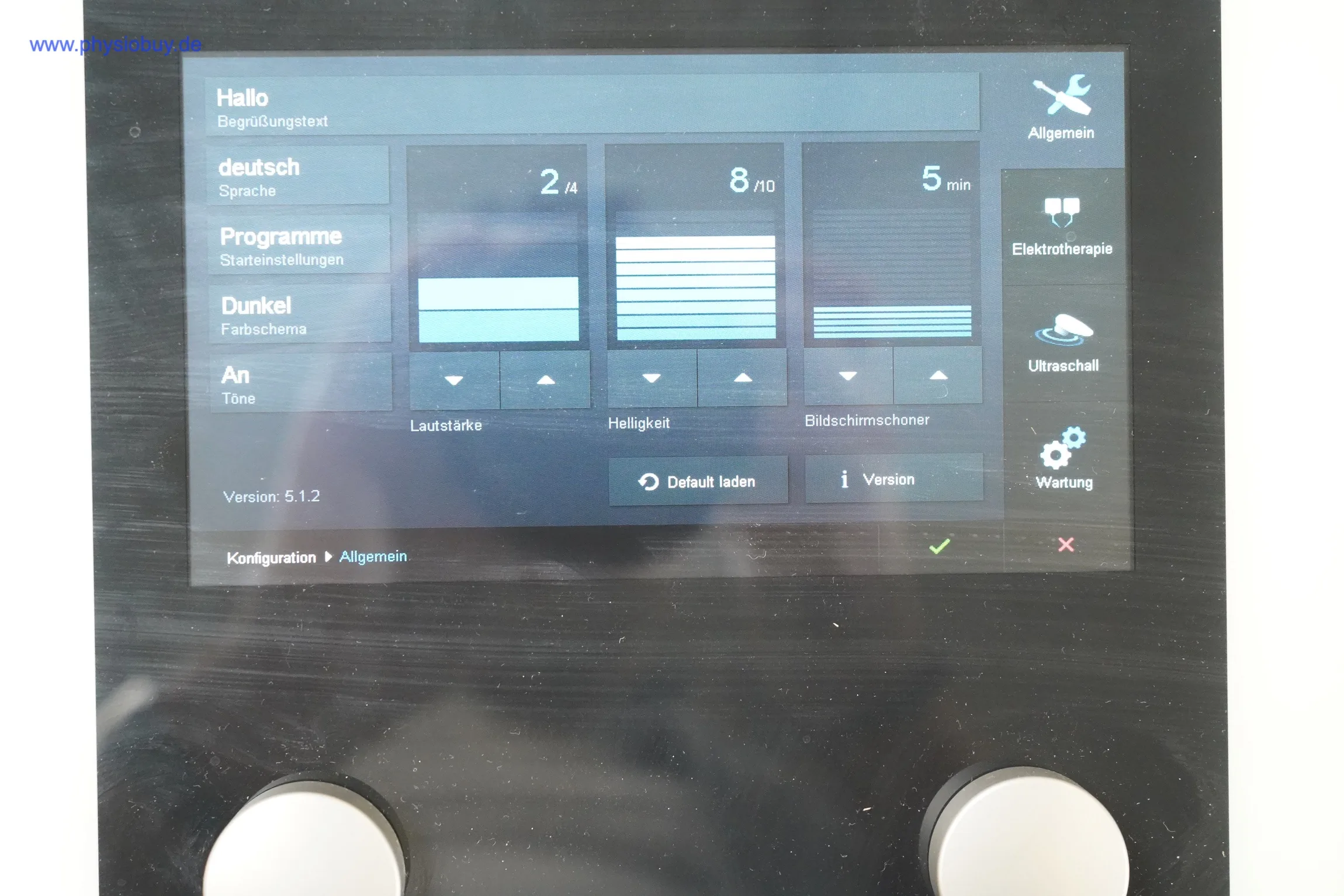 Zimmer Soleo SonoStim: Touchdisplay mit Einstellungsmenü für Lautstärke und Helligkeit, darunter zwei Drehregler