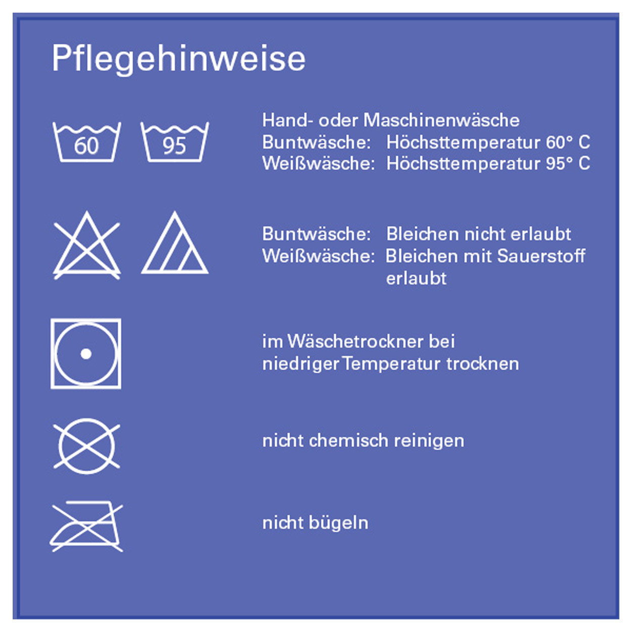 Pflegehinweise-Grafik mit Waschsymbolen für den Massagenliegenbezug