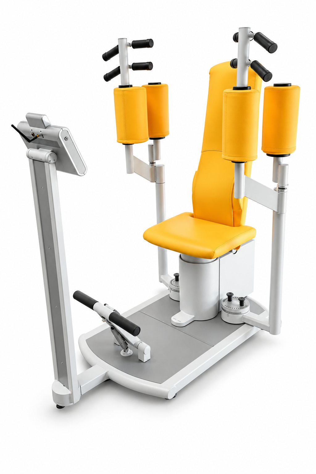 FREI Factum® Novus II Trainingsgerät mit gelbem Sitz und Armpolstern, schräg von vorn, Display links
