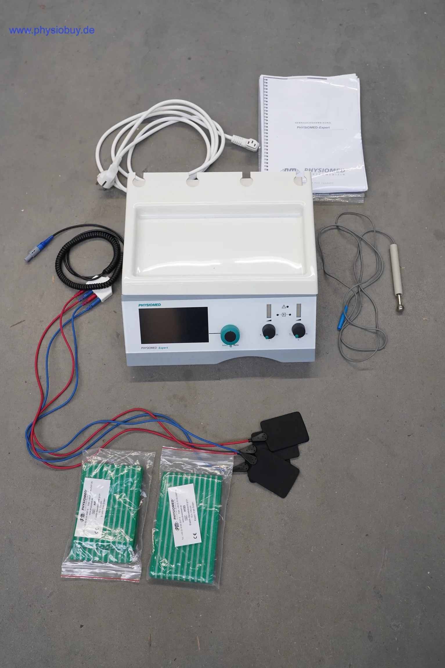 Physiomed Expert Elektrotherapiegerät mit Kabeln, Elektroden und Handbuch
