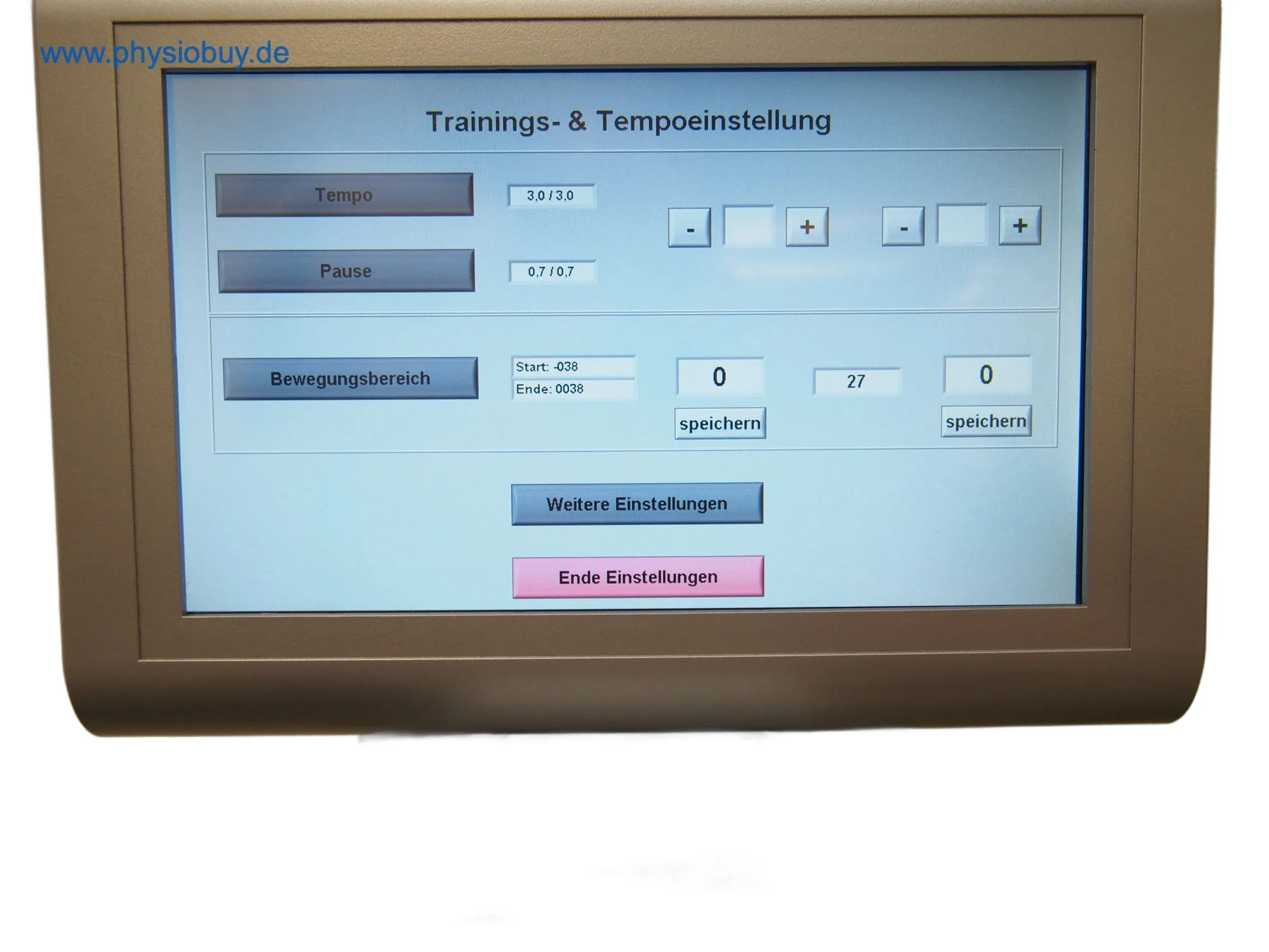 Touchscreen des FREI Factum novus II mit Trainings- und Tempoeinstellung