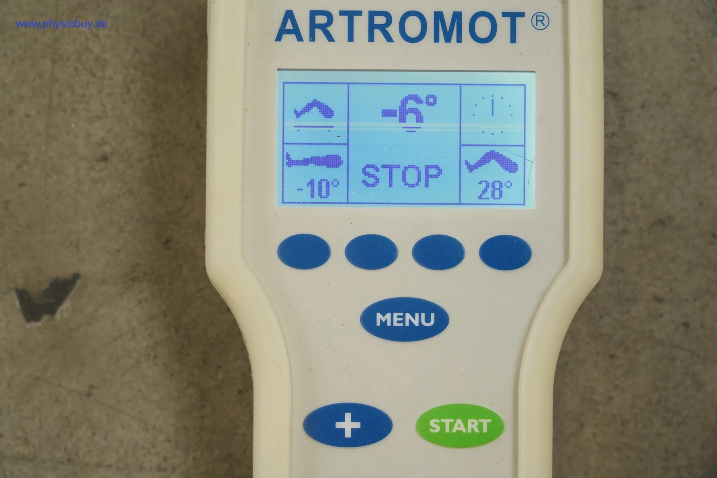 Handbedienteil der Artromed K1 Bewegungsschiene mit Display, Menü-, Plus- und Start-Taste, Schriftzug Artromot