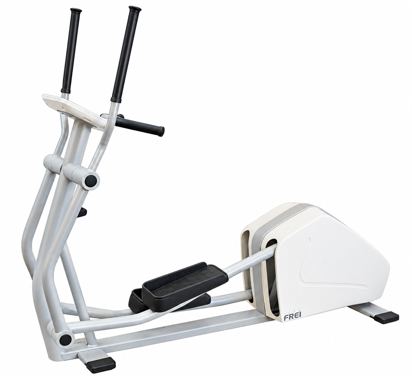 Emotion/Atama motion Cross 600 med, grau-weißer Crosstrainer in seitlicher Gesamtansicht mit Griffen und Pedalen
