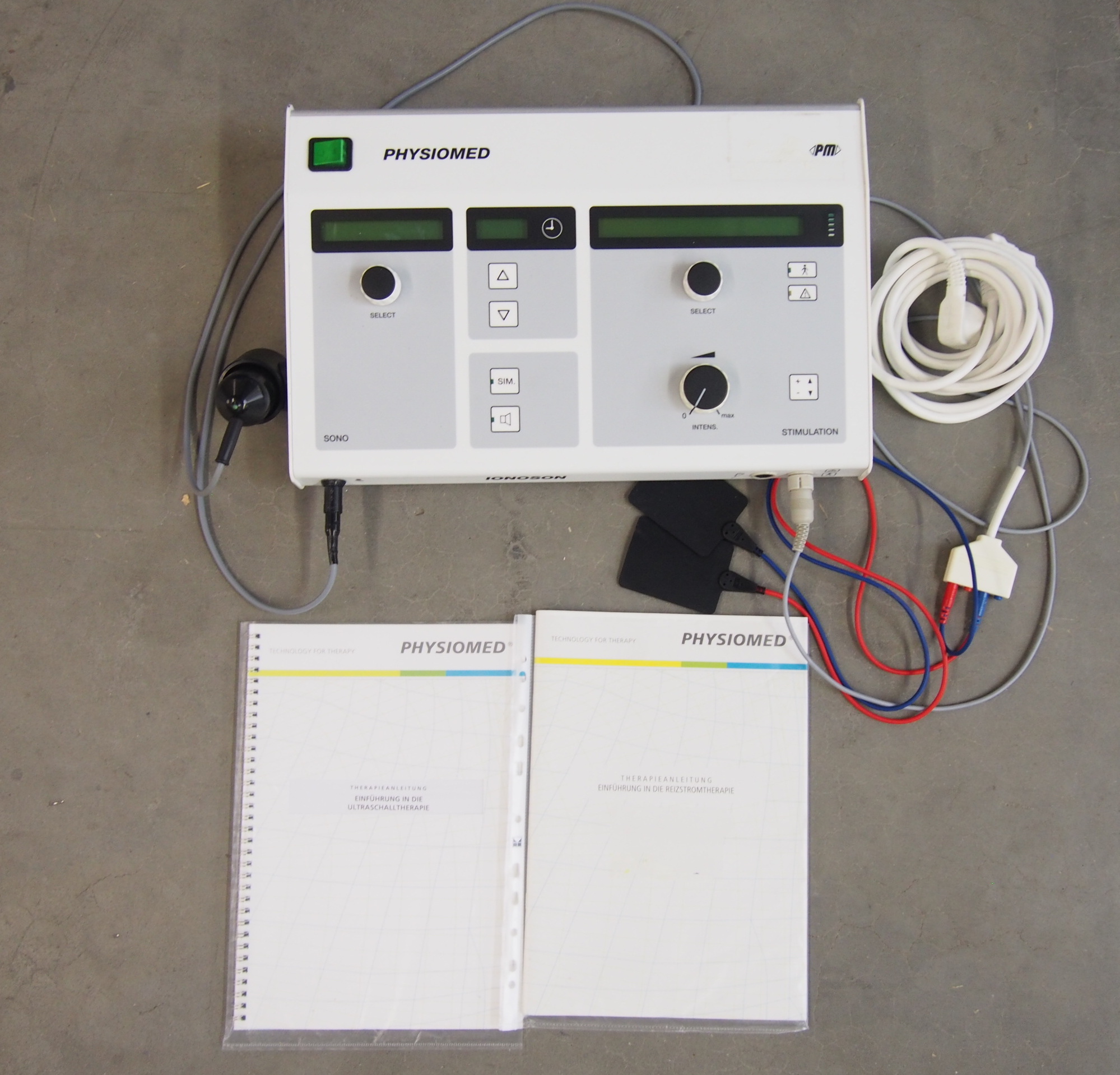 Elektrokombigerät Physiomed Ionoson mit Ultraschallkopf, Kabeln und Handbüchern