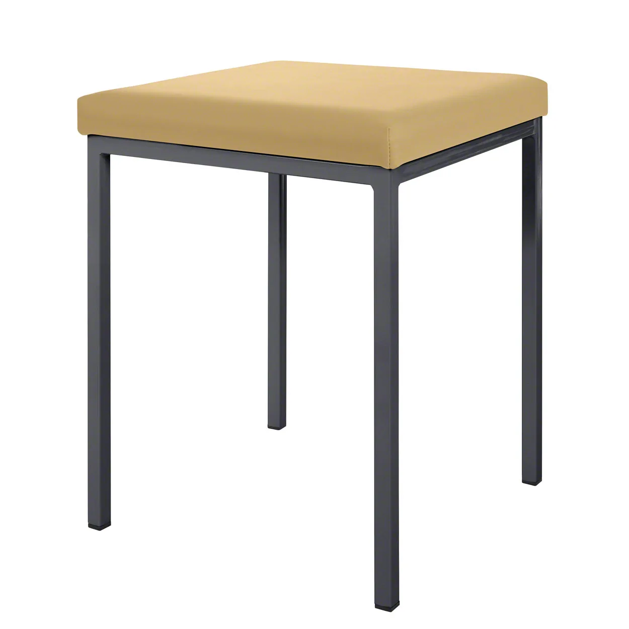 Hocker 40x40 cm mit gepolsterter Sitzfläche in Ockergelb, Ansicht schräg von vorne