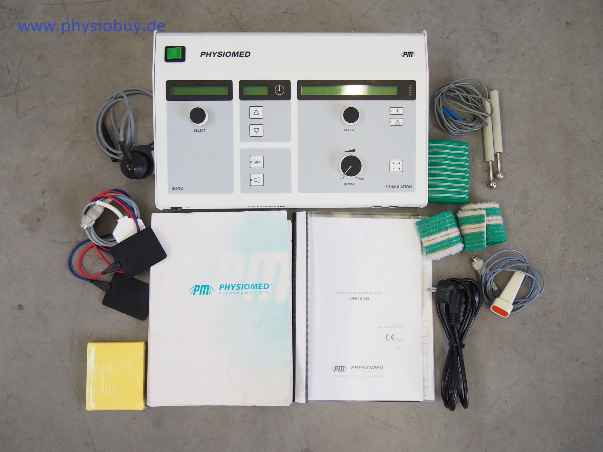 Physiomed Ionoson Elektro-Ultraschall-Kombigerät mit Bedienfeld und Zubehör